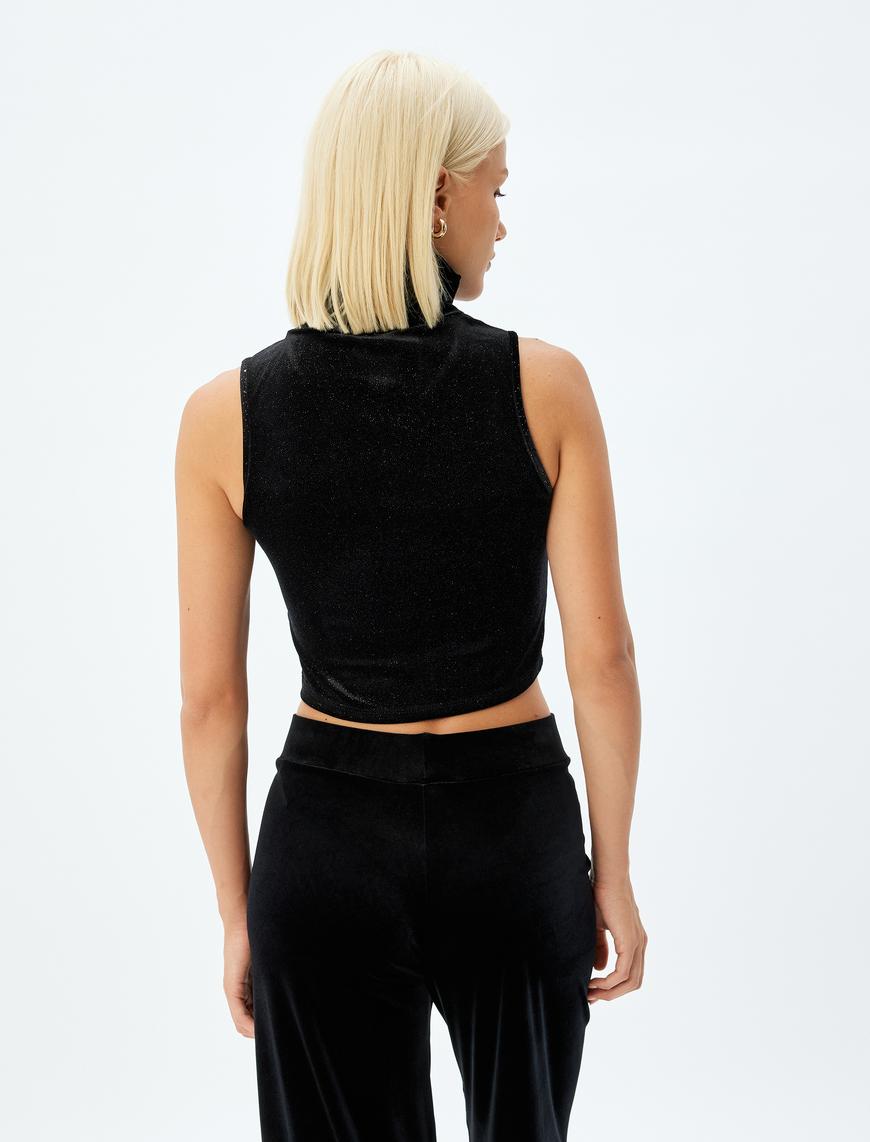   Simli Crop Üst Kolsuz Balıkçı Yaka Slim Fit