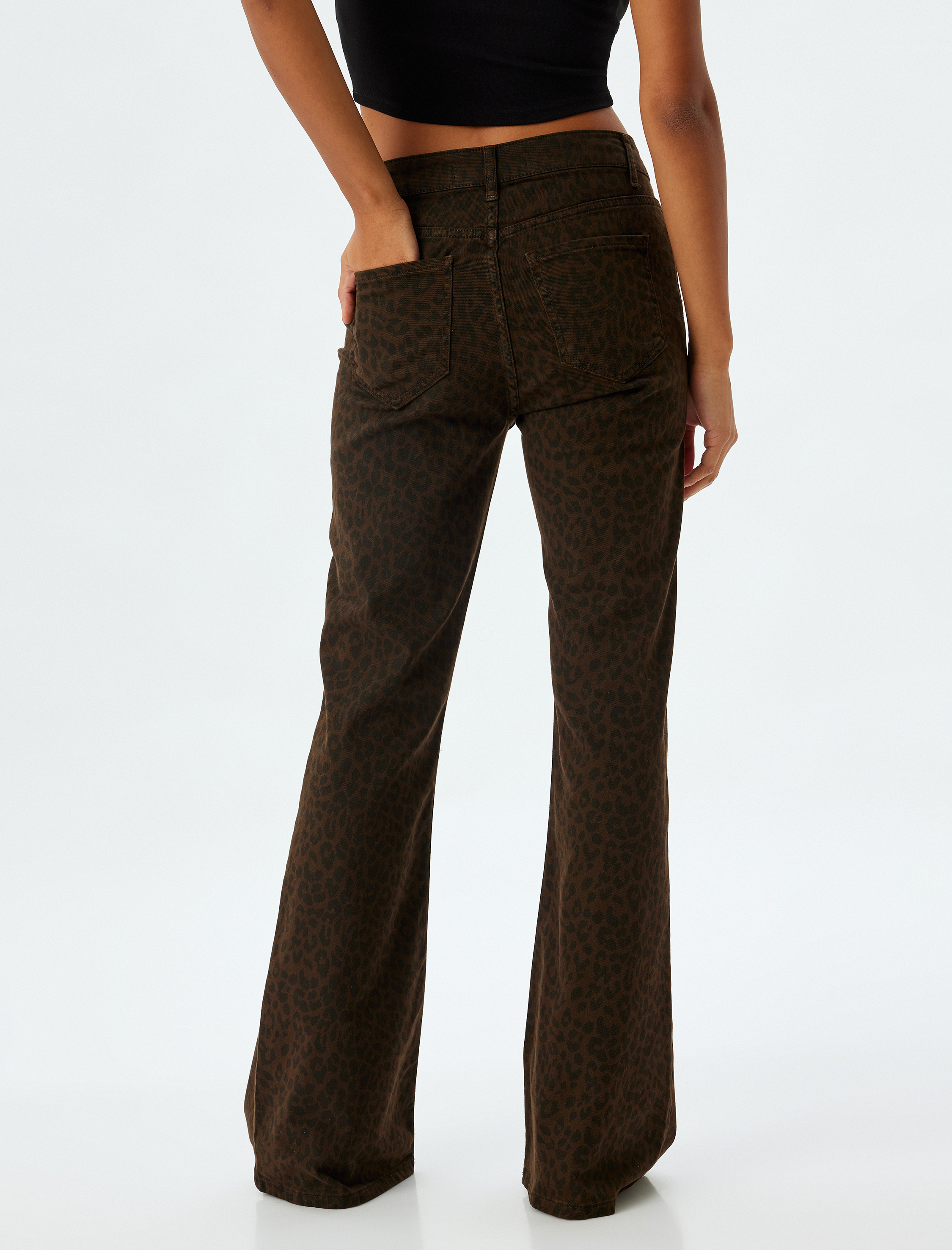   Leopar Pantolon İspanyol Paça Yüksek Bel Slim Fit Düğmeli - Flare Jeans