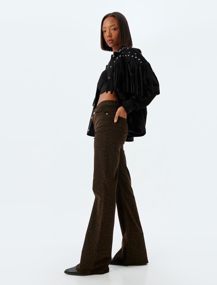  Leopar Pantolon İspanyol Paça Yüksek Bel Slim Fit Düğmeli - Flare Jeans