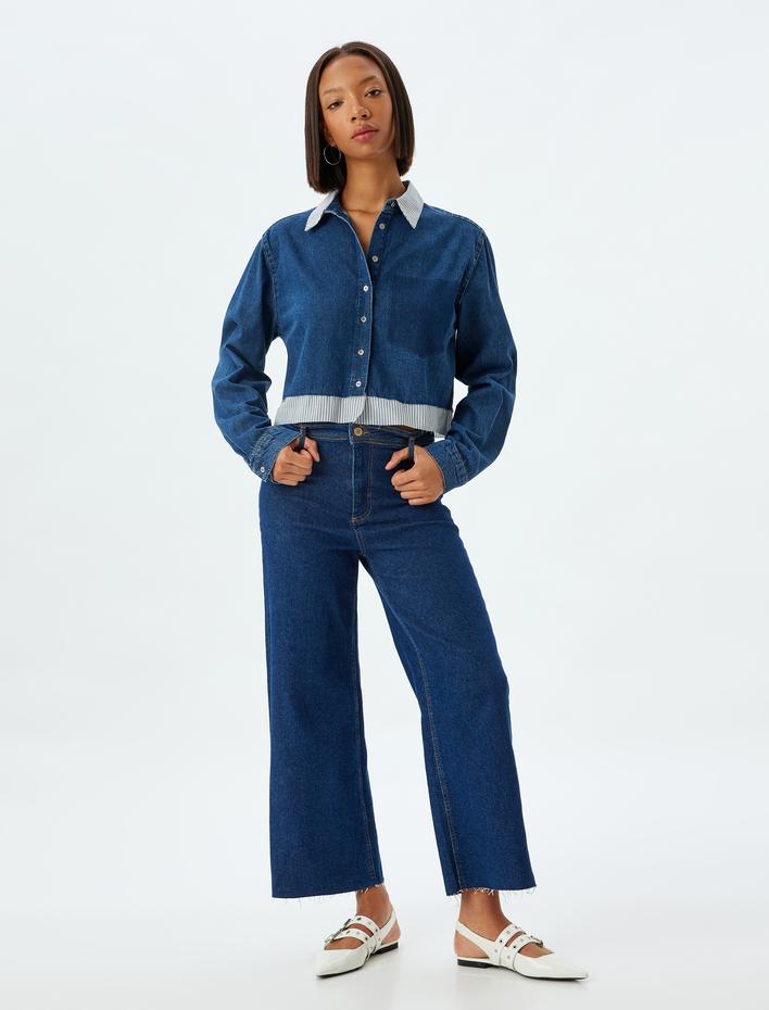  Kot Gömlek Crop Uzun Kollu Klasik Yaka Cep Detaylı Düğmeli