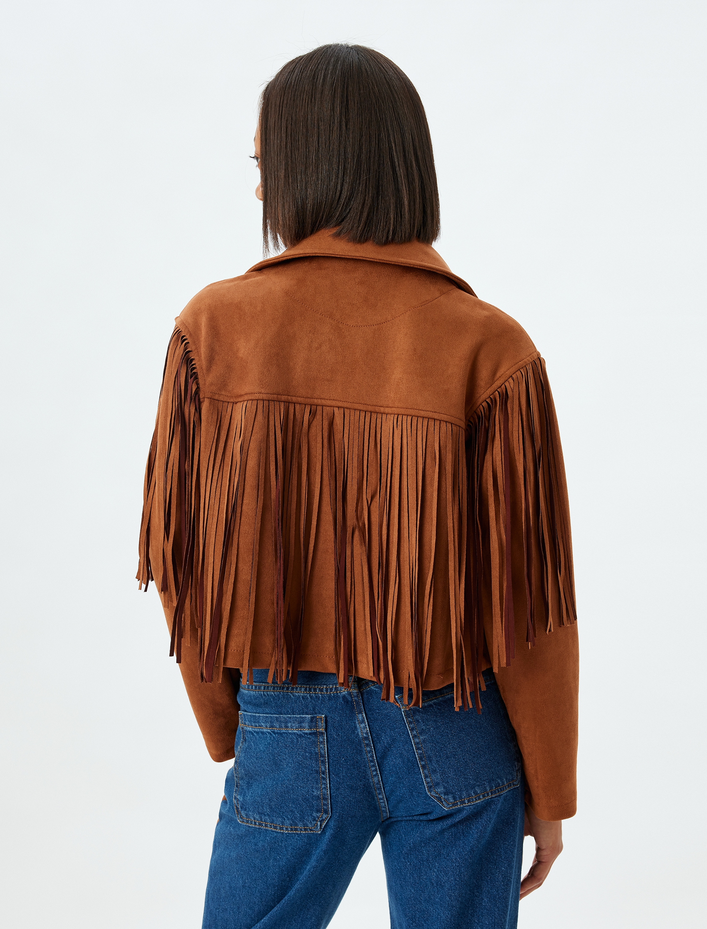 Süet Görünümlü Püsküllü Düğmeli Klasik Yaka Ceket