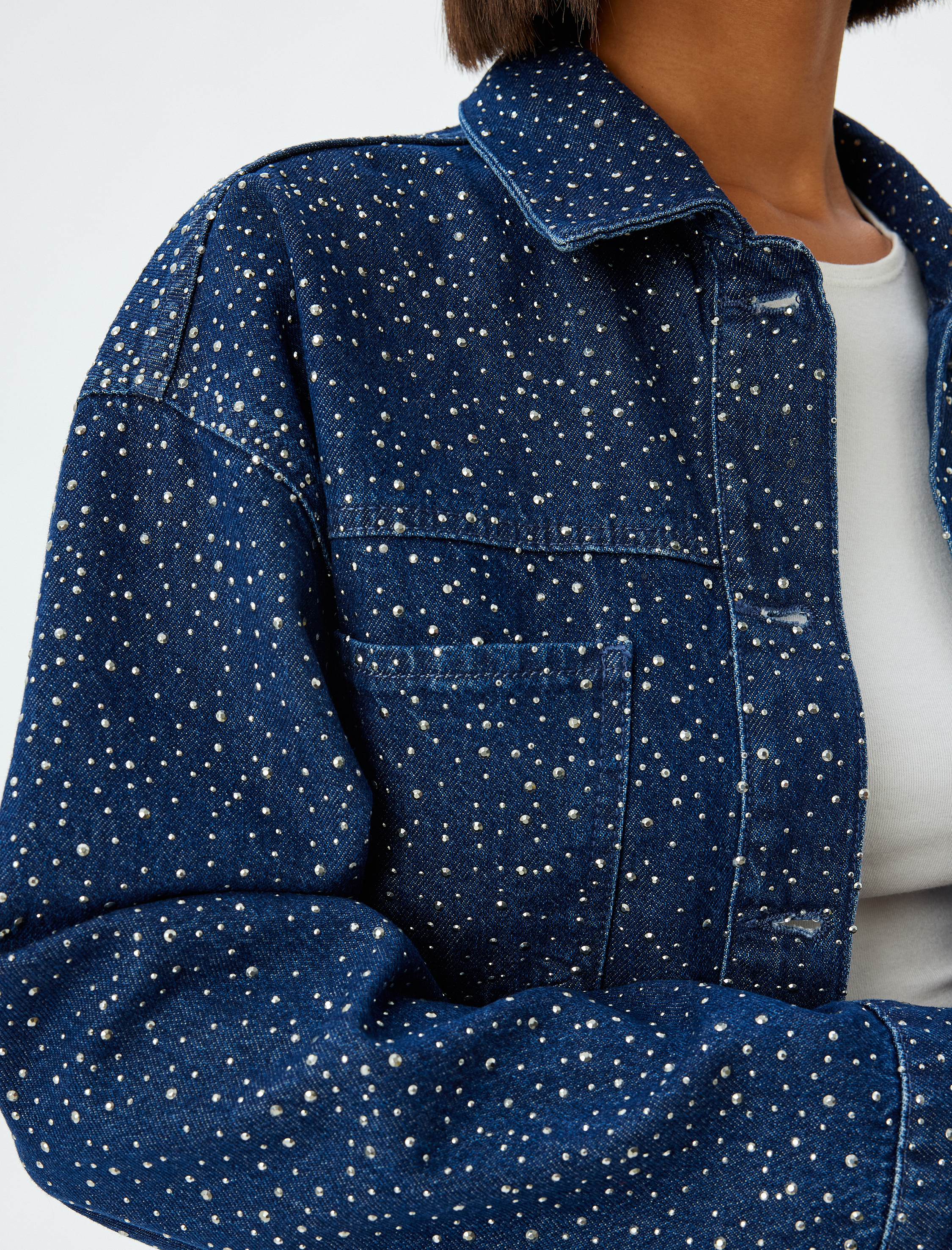   Taşlı Kot Ceket Klasik Yaka Düğmeli Cep Detaylı