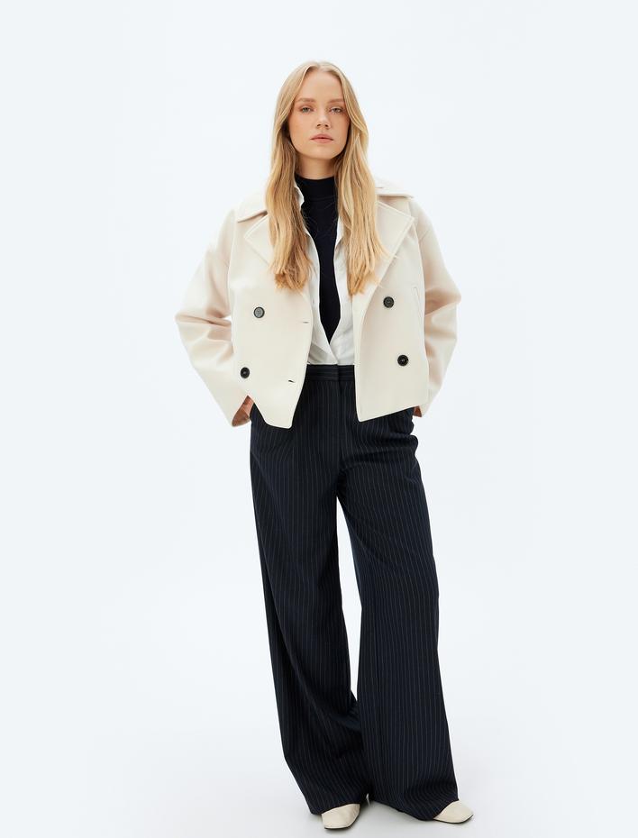  Kruvaze Kısa Kaşe Kaban Cepli Düğmeli