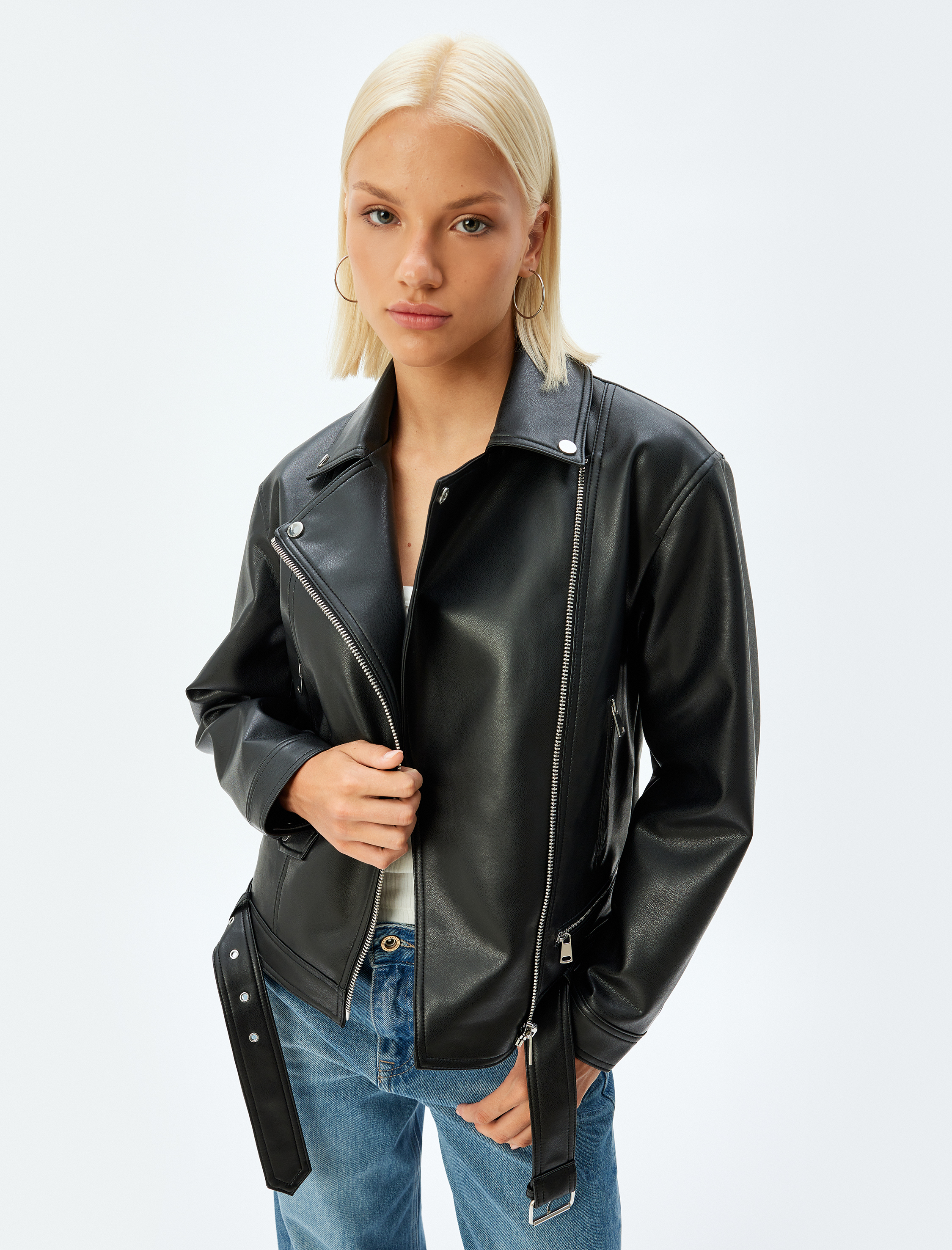 Koton Kadın Crop Oversize Suni Deri Biker Ceket Fermuarlı Cepli Kemer Detaylı -1