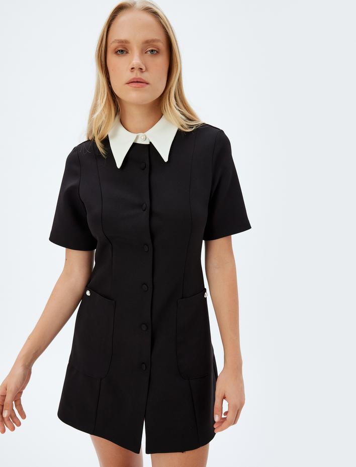  Kontrast Gömlek Yaka Mini Elbise Kısa Kollu Düğmeli Cepli A Kesim