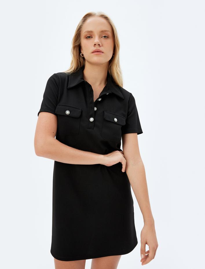  Polo Yaka Elbise Mini Boy A Kesim Kısa Kollu İnci Düğme ve Cep Detaylı