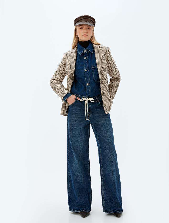  Koton X Sima Tarkan - Geniş Paça Kot Pantolon Bol Kalıp Fiyonk Bağcıklı Cepli