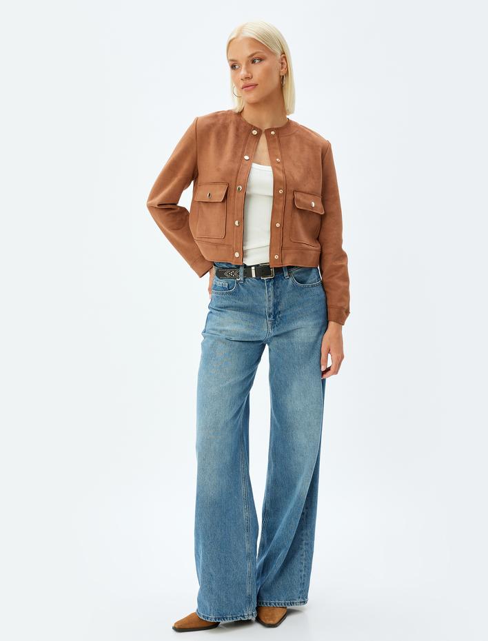  Suni Süet Ceket Yuvarlak Yaka Kapaklı Cep Detaylı Çıt Çıt Düğmeli