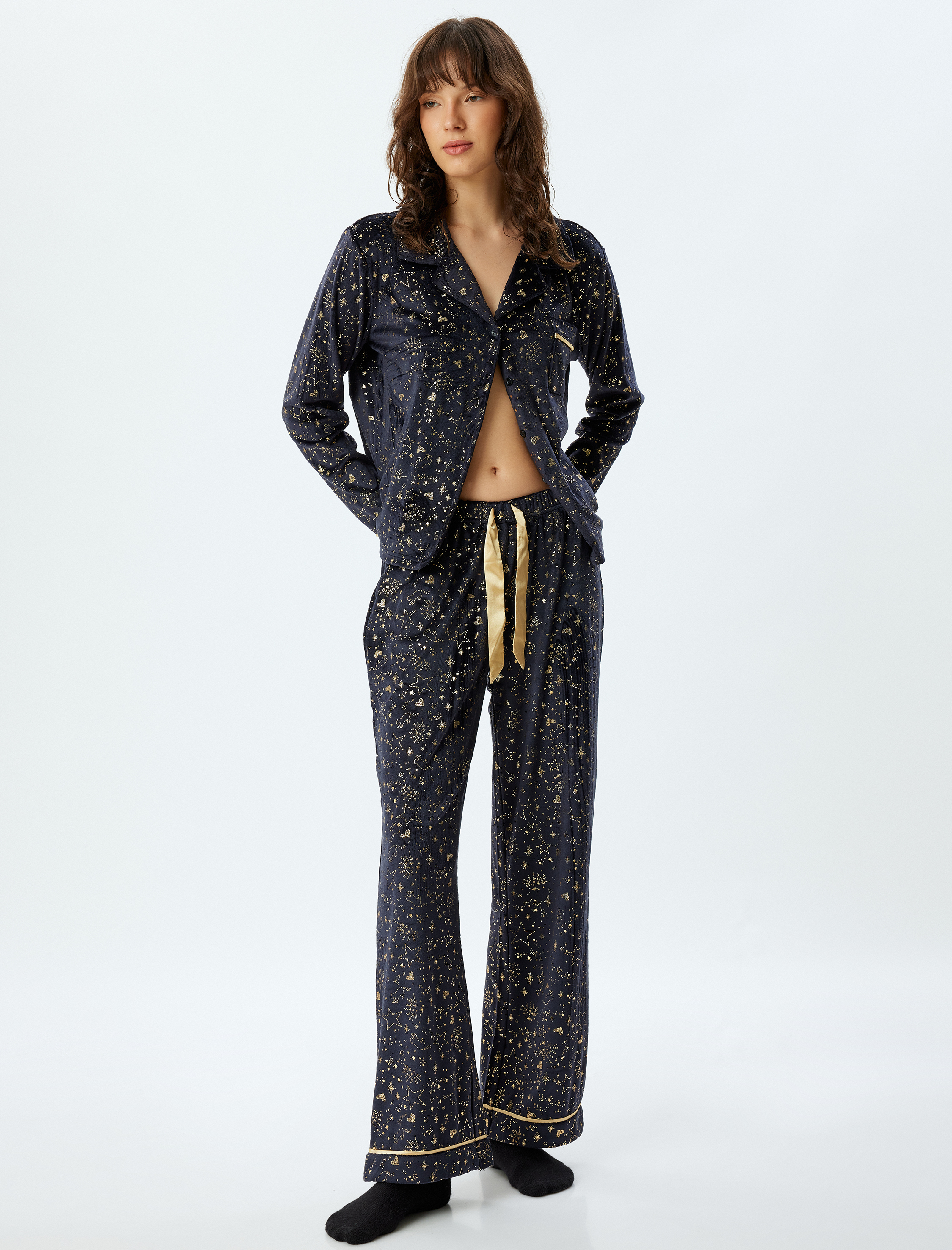   Polar Pijama Altı Düz Bol Paça Parıltılı Yıldız Baskılı