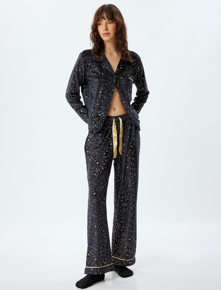  Polar Pijama Altı Düz Bol Paça Parıltılı Yıldız Baskılı