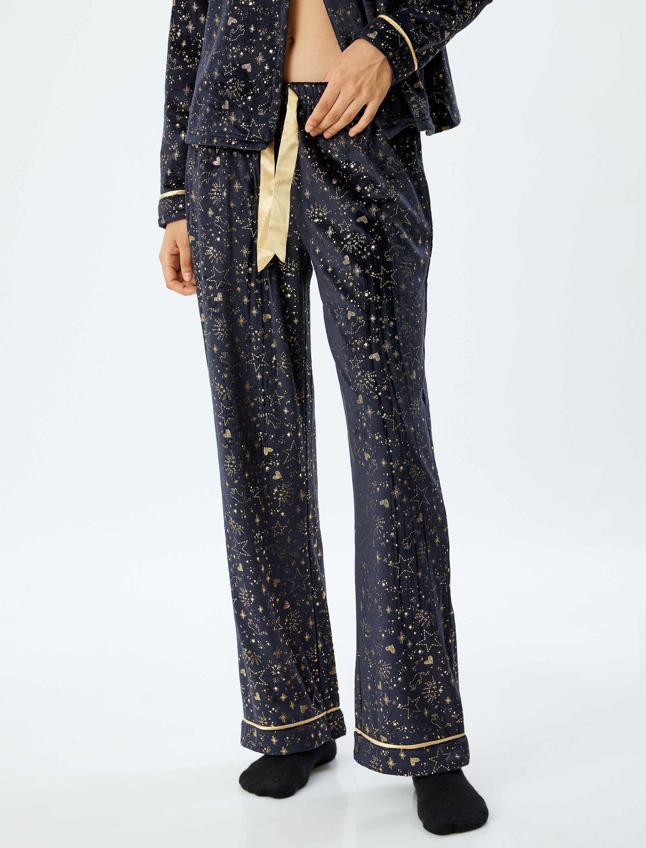   Polar Pijama Altı Düz Bol Paça Parıltılı Yıldız Baskılı