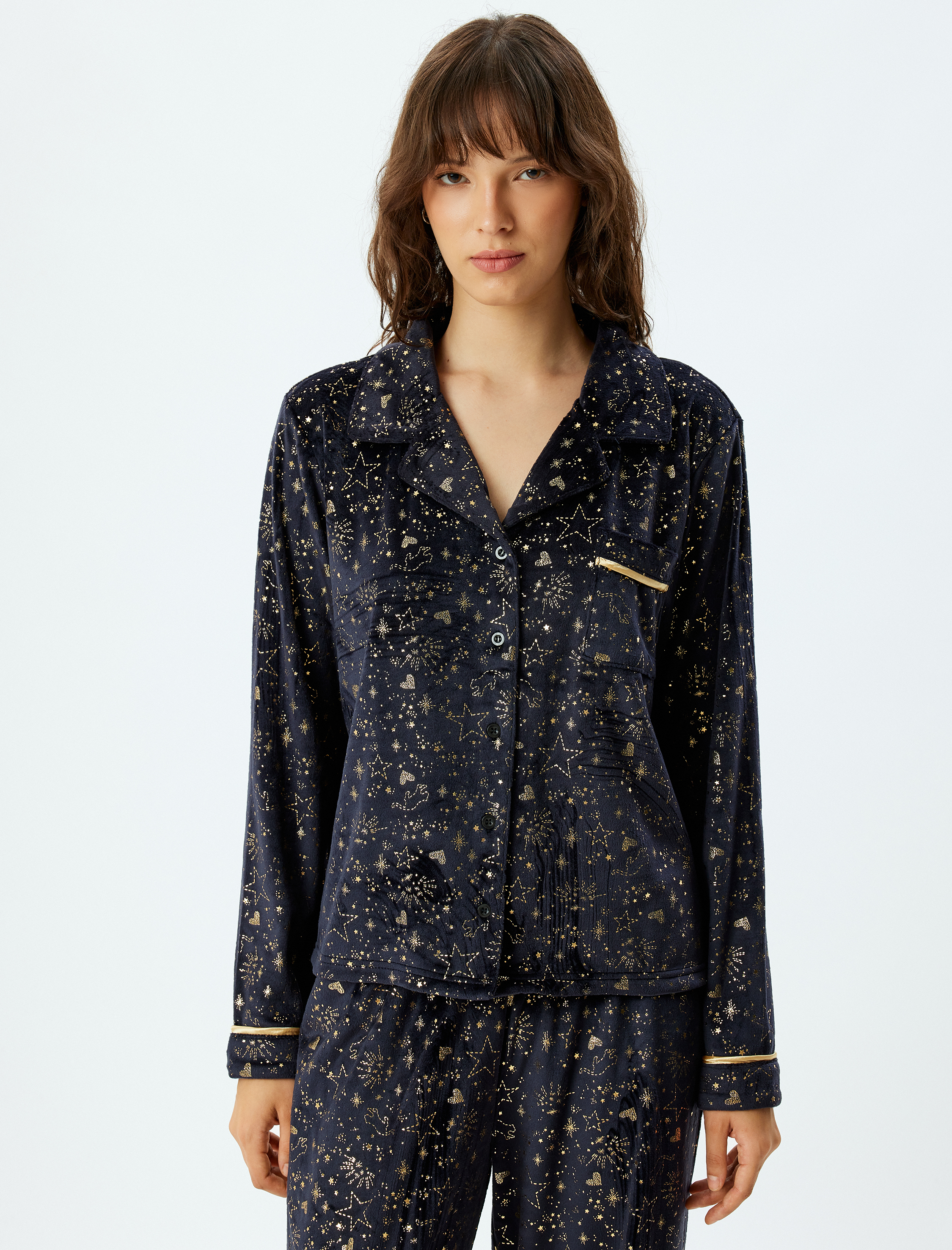 Pijama Üstü Örme Düğmeli Gömlek Yaka Parıltılı Yıldız Baskılı
