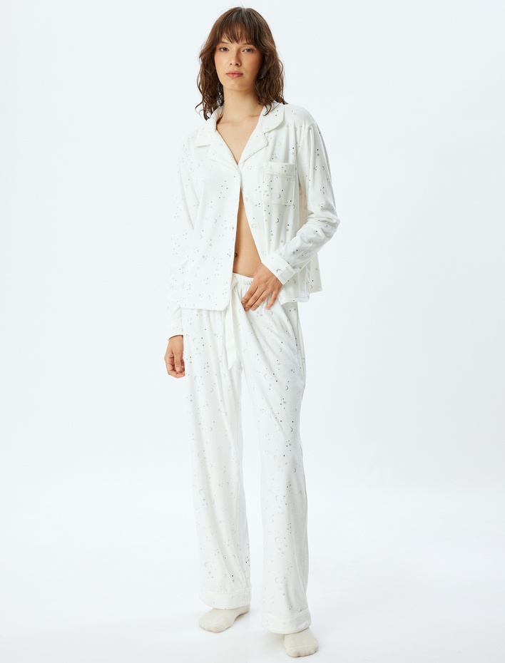  Polar Pijama Altı Düz Bol Paça Parıltılı Yıldız ve Ay Baskılı