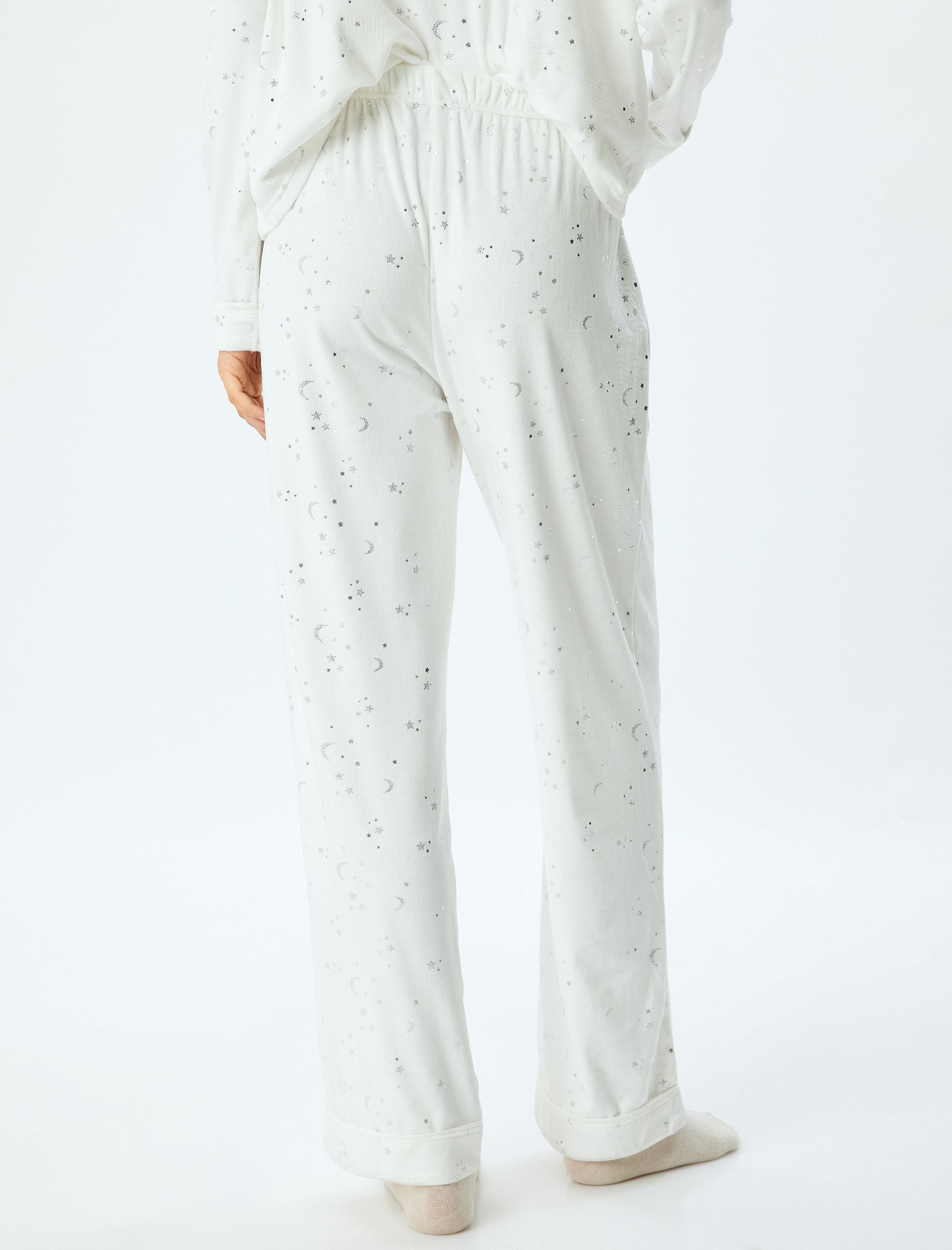   Polar Pijama Altı Düz Bol Paça Parıltılı Yıldız ve Ay Baskılı