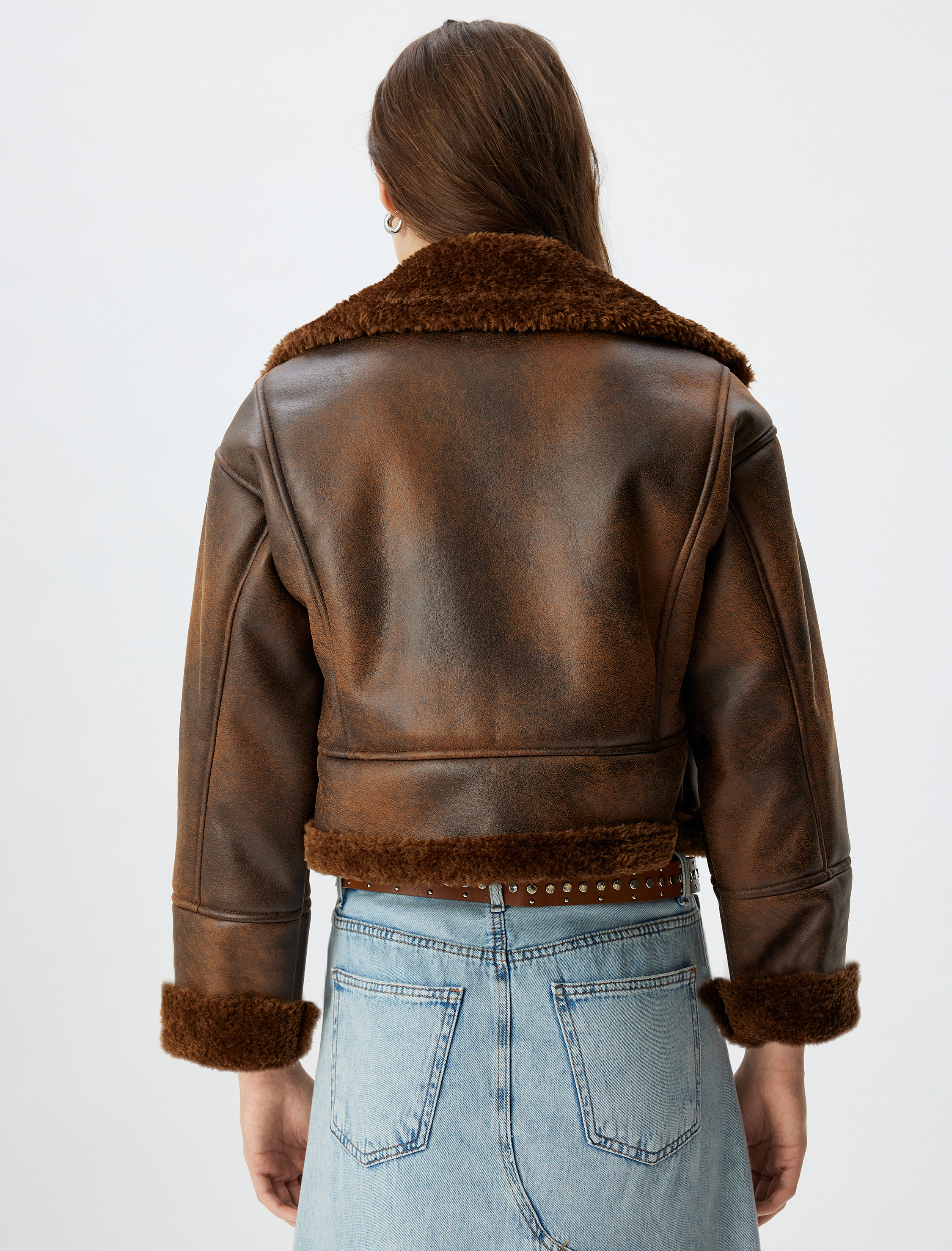   Suni Deri Biker Ceket Suni Kürk Yaka Cepli