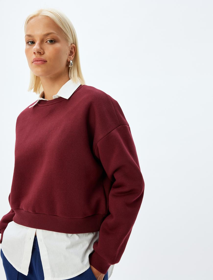   Üç İplik Şardonlu Bisiklet Yaka Pamuklu Basic Sweatshirt