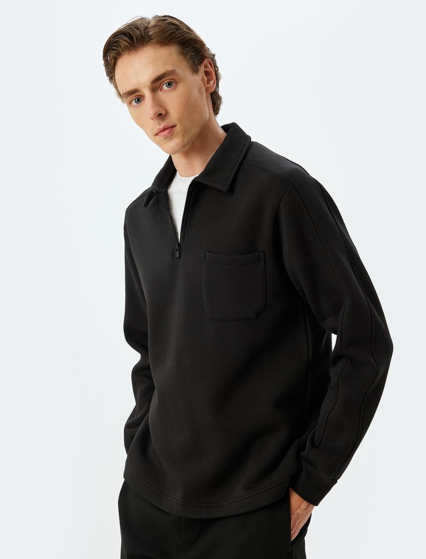   Polo Yaka Sweatshirt Basic Uzun Kollu Cep Detaylı Pamuk Karışımlı