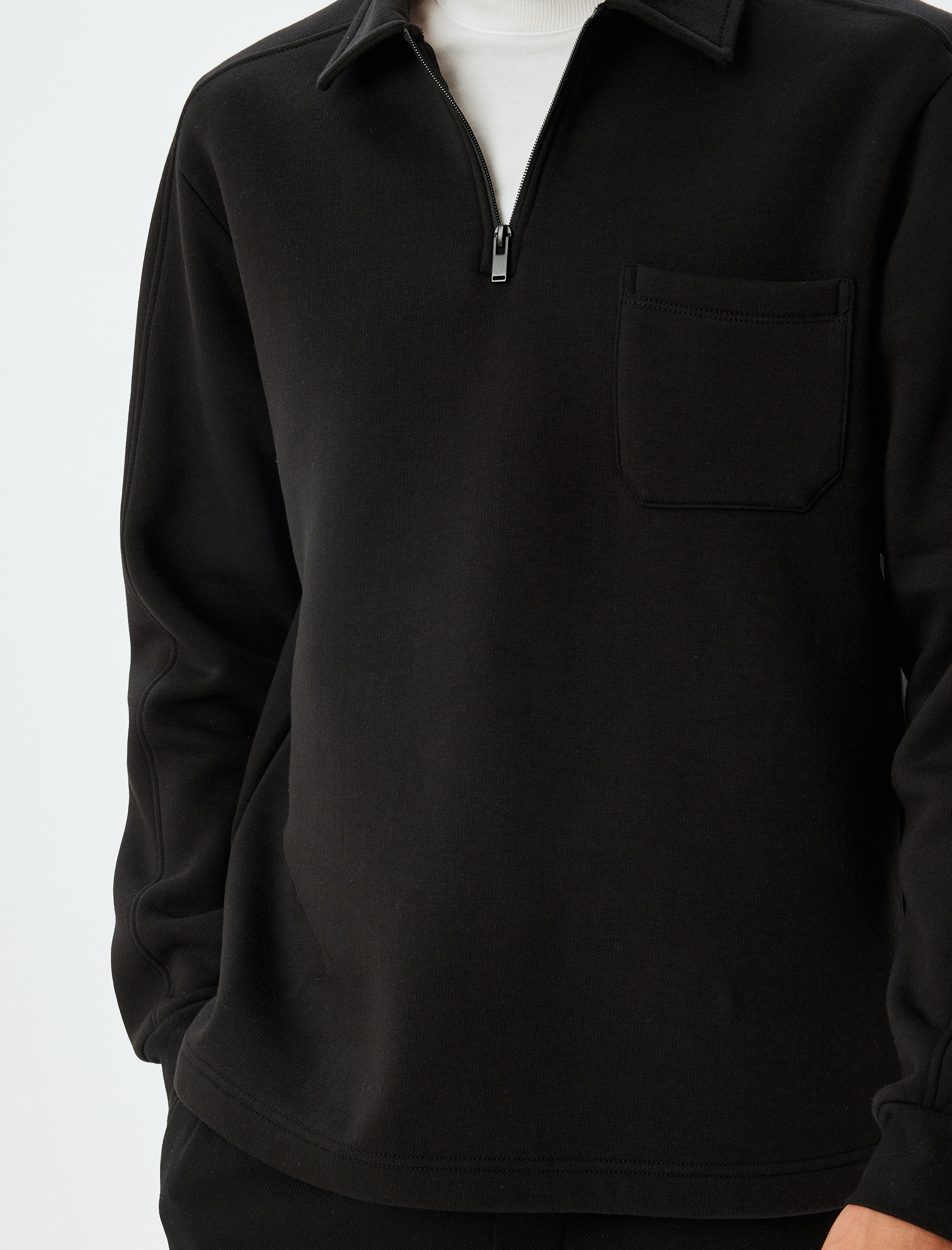   Polo Yaka Sweatshirt Yarım Fermuarlı Basic Uzun Kollu Cep Detaylı Pamuk Karışımlı Şardonlu