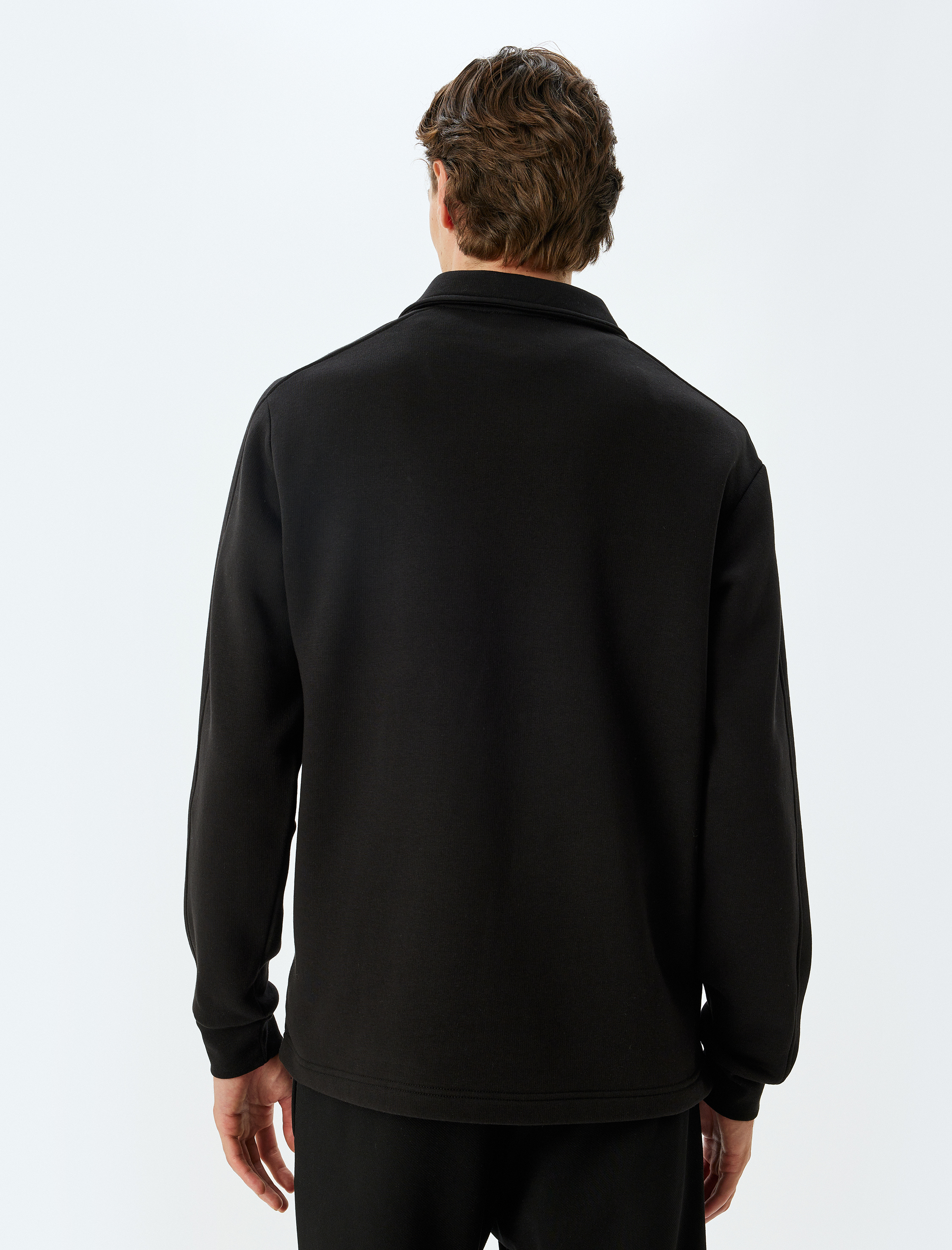   Polo Yaka Sweatshirt Yarım Fermuarlı Basic Uzun Kollu Cep Detaylı Pamuk Karışımlı Şardonlu