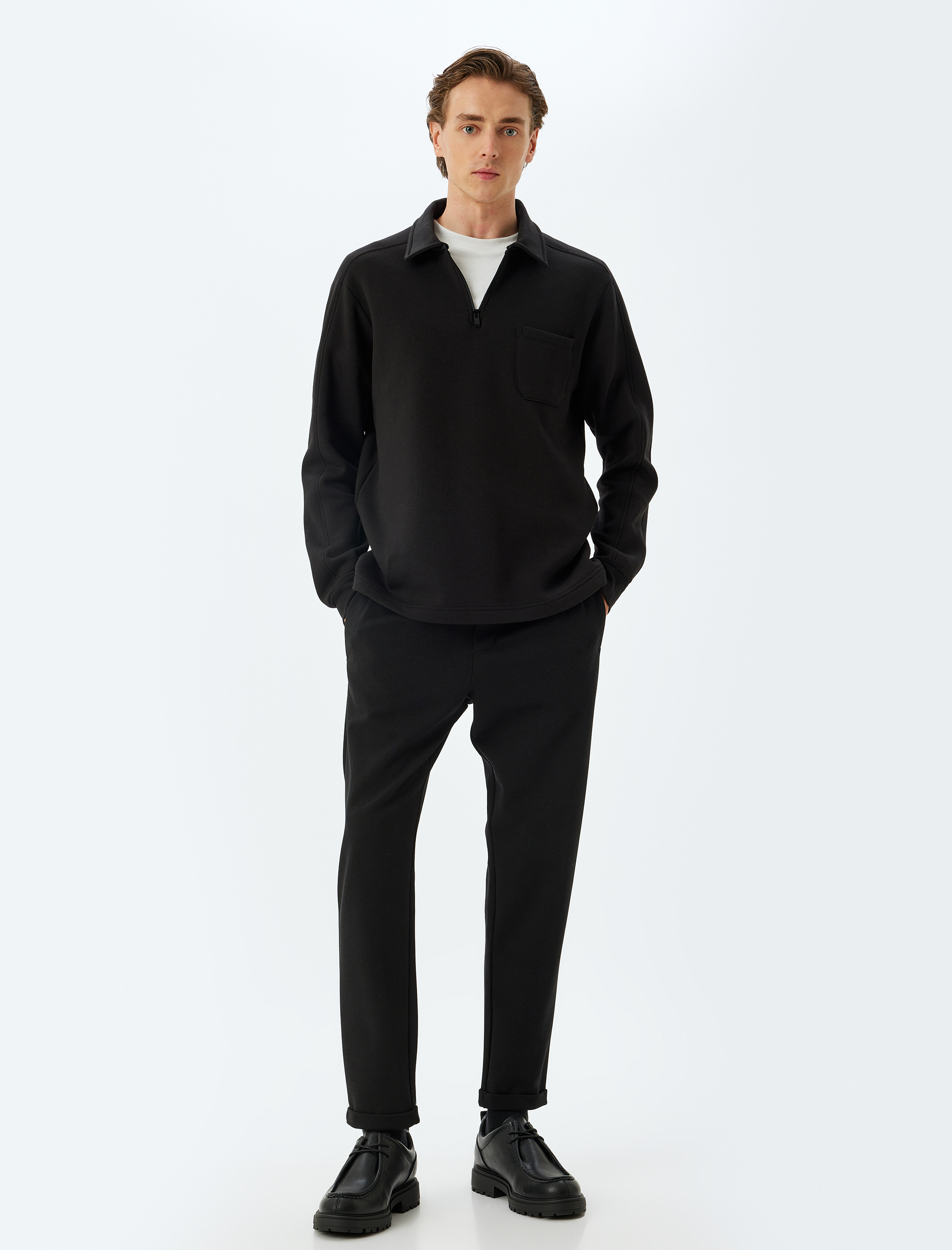   Polo Yaka Sweatshirt Yarım Fermuarlı Basic Uzun Kollu Cep Detaylı Pamuk Karışımlı Şardonlu