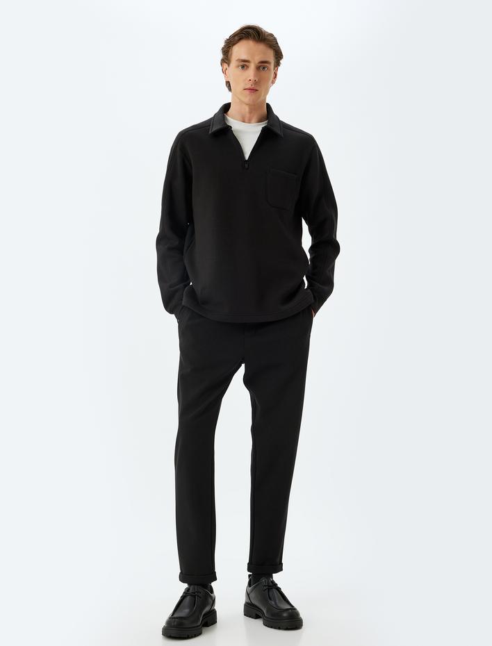  Polo Yaka Sweatshirt Yarım Fermuarlı Basic Uzun Kollu Cep Detaylı Pamuk Karışımlı Şardonlu