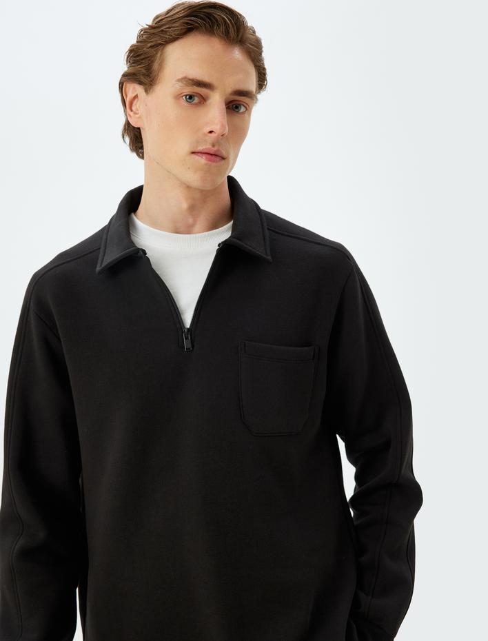  Polo Yaka Sweatshirt Basic Uzun Kollu Cep Detaylı Pamuk Karışımlı Şardonlu