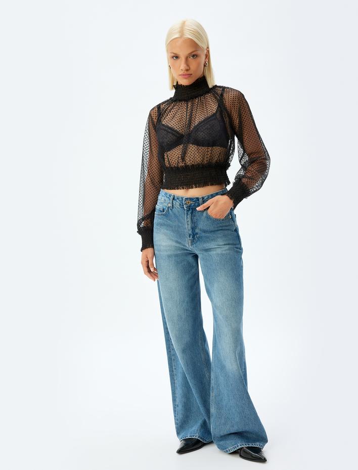  Crop Tül Transparan Bluz Uzun Kollu Dik Yaka Manşetleri ve Beli Lastikli