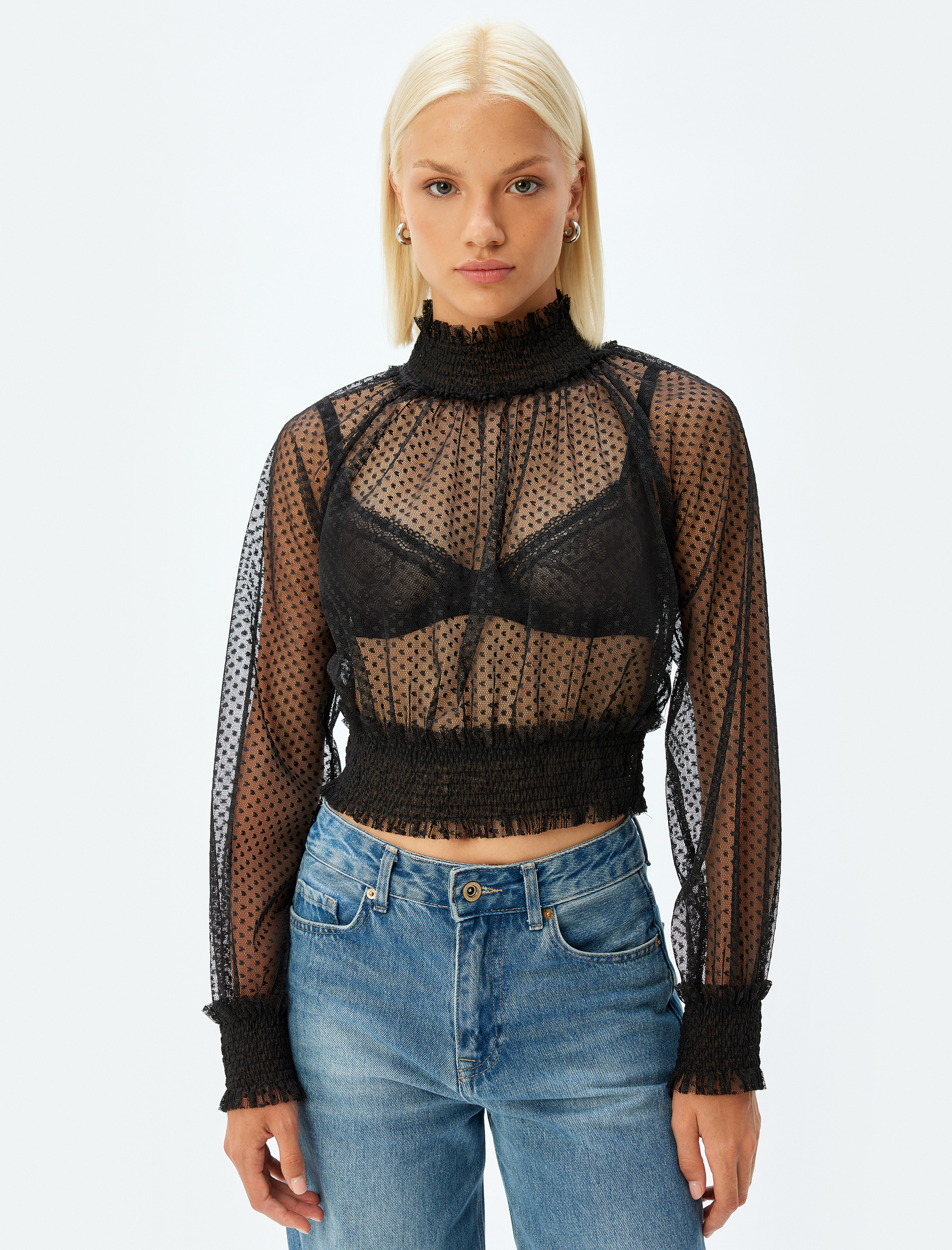 Crop Tül Transparan Bluz Uzun Kollu Dik Yaka Manşetleri ve Beli Lastikli