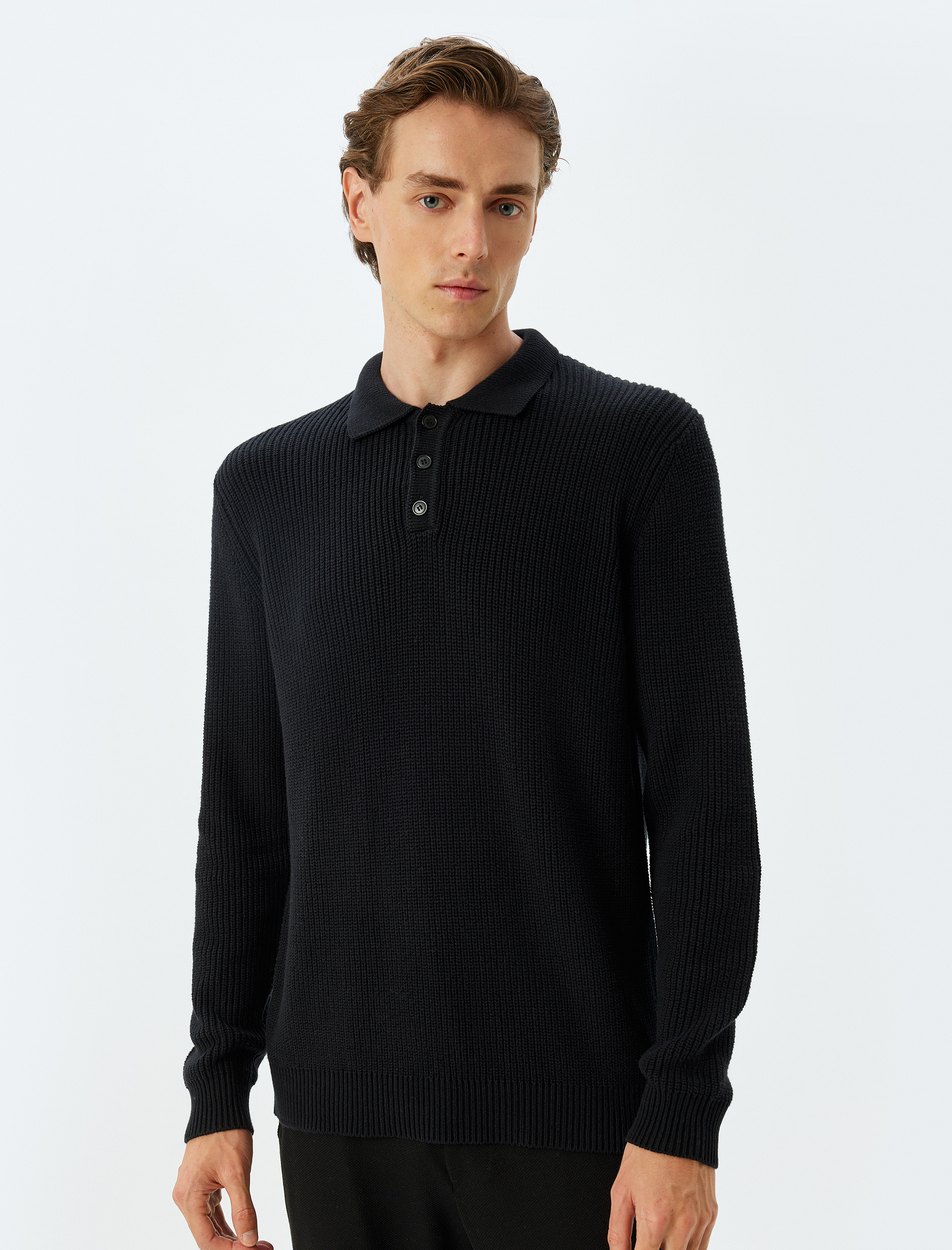   Kışlık Triko Kazak Polo Yaka Basic Düğmeli Pamuklu