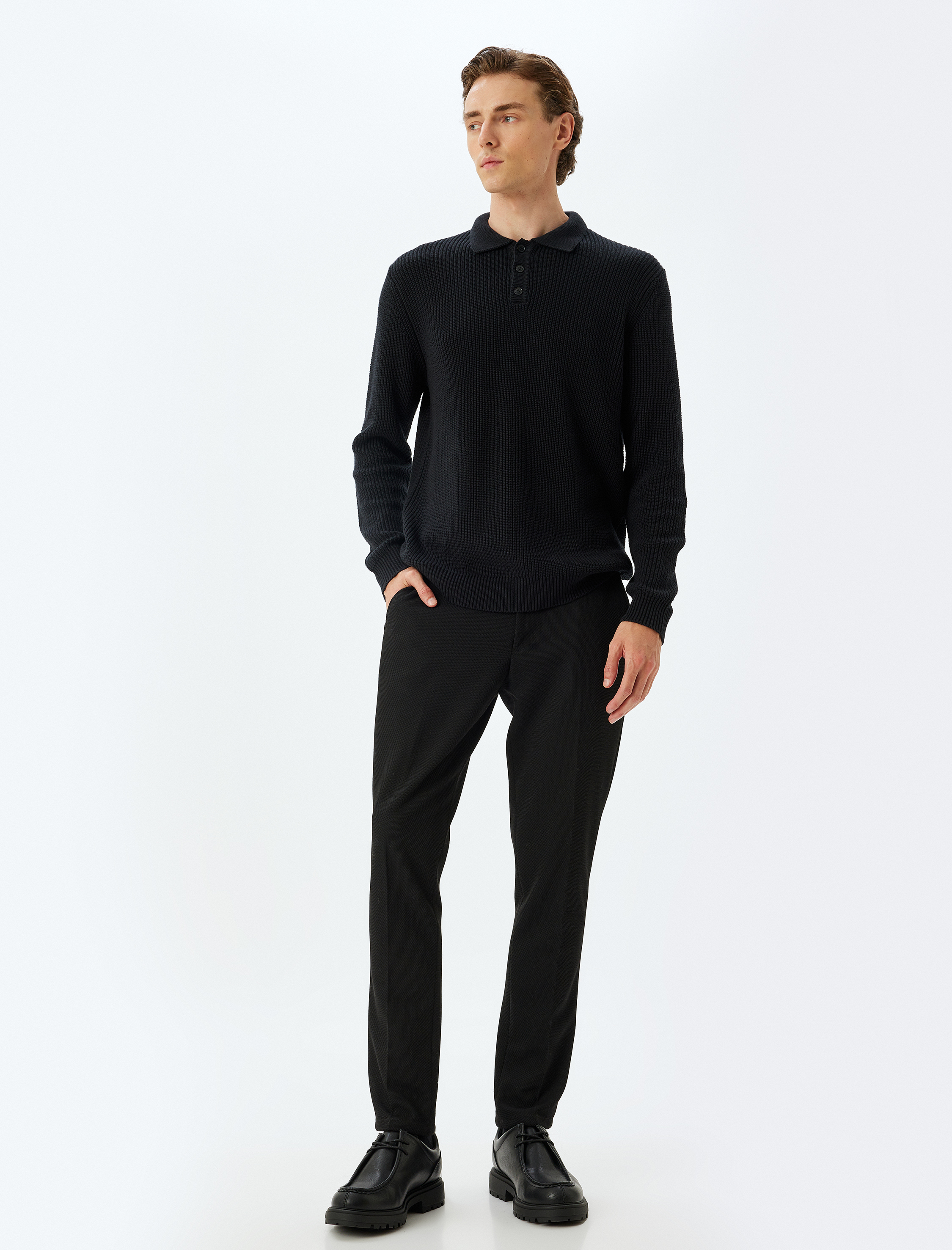   Kışlık Triko Kazak Polo Yaka Basic Düğmeli Pamuklu