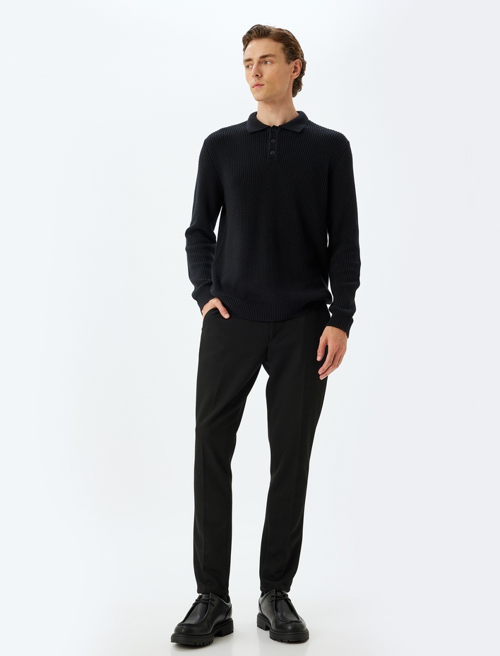  Kışlık Triko Kazak Polo Yaka Basic Düğmeli Pamuklu