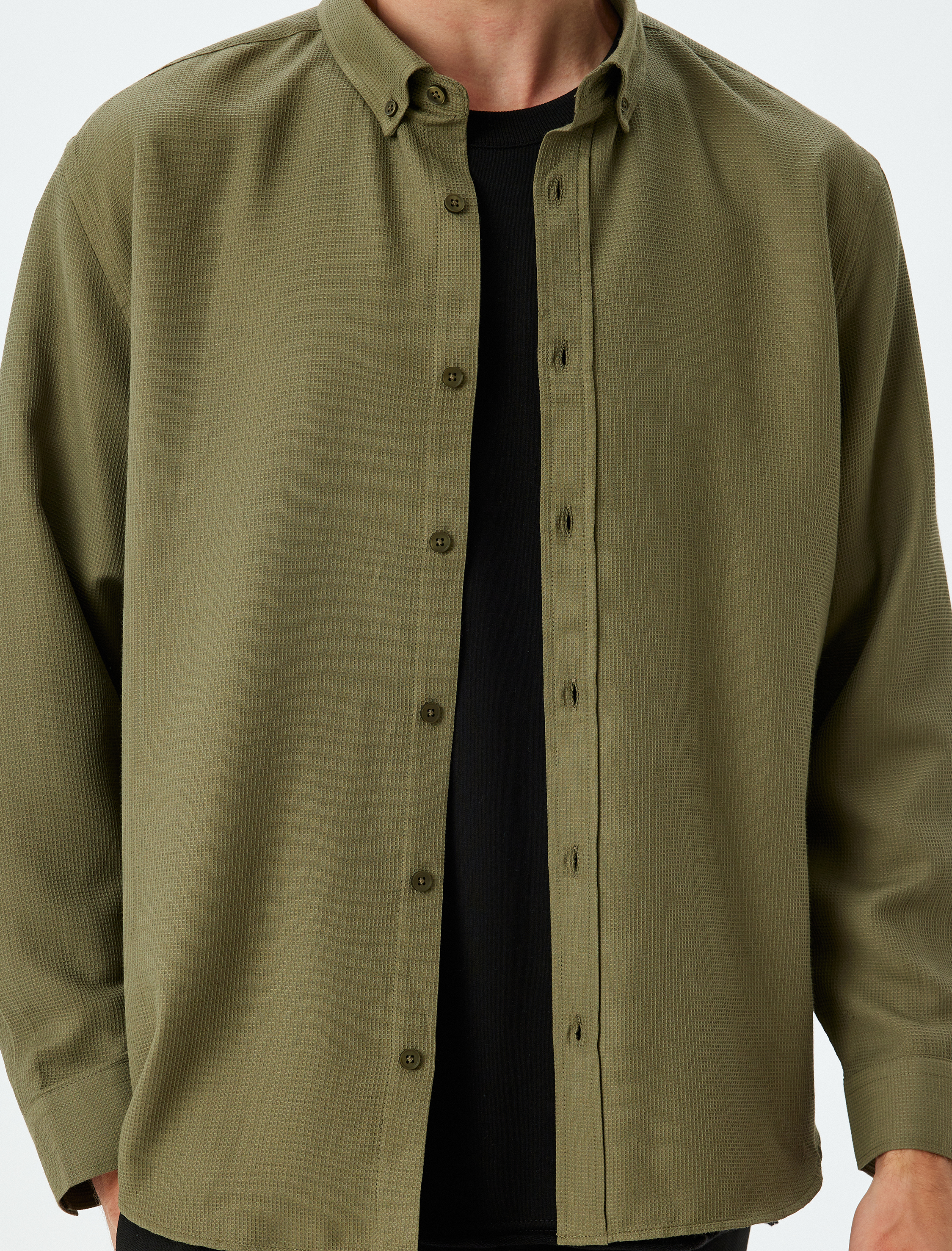   Uzun Kollu Gömlek Düğmeli Yaka Dokulu Pamuk Karışımlı Regular Fit