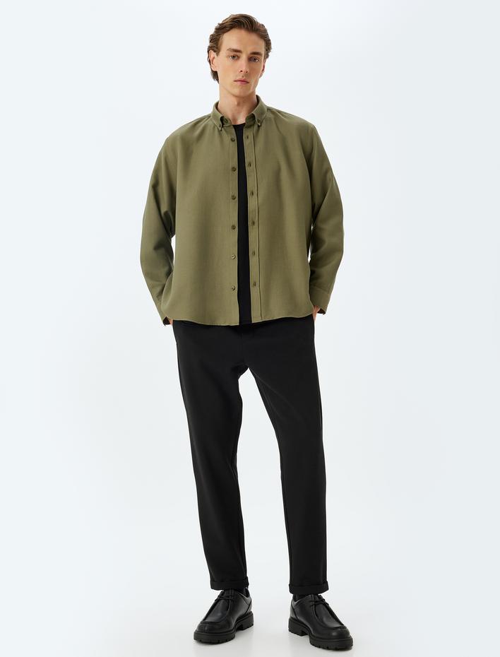  Uzun Kollu Gömlek Düğmeli Yaka Dokulu Pamuk Karışımlı Regular Fit