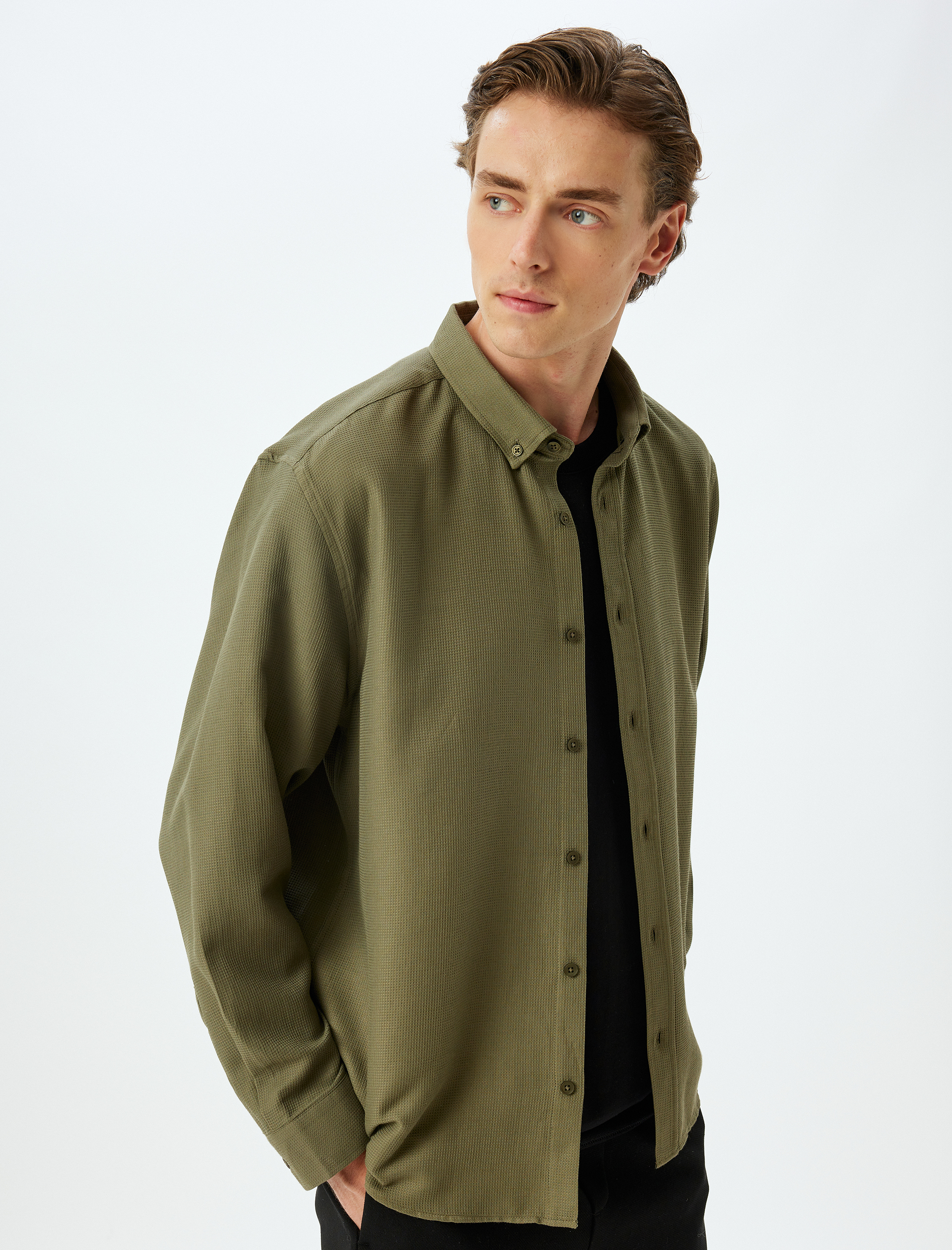   Uzun Kollu Gömlek Düğmeli Yaka Dokulu Pamuk Karışımlı Regular Fit