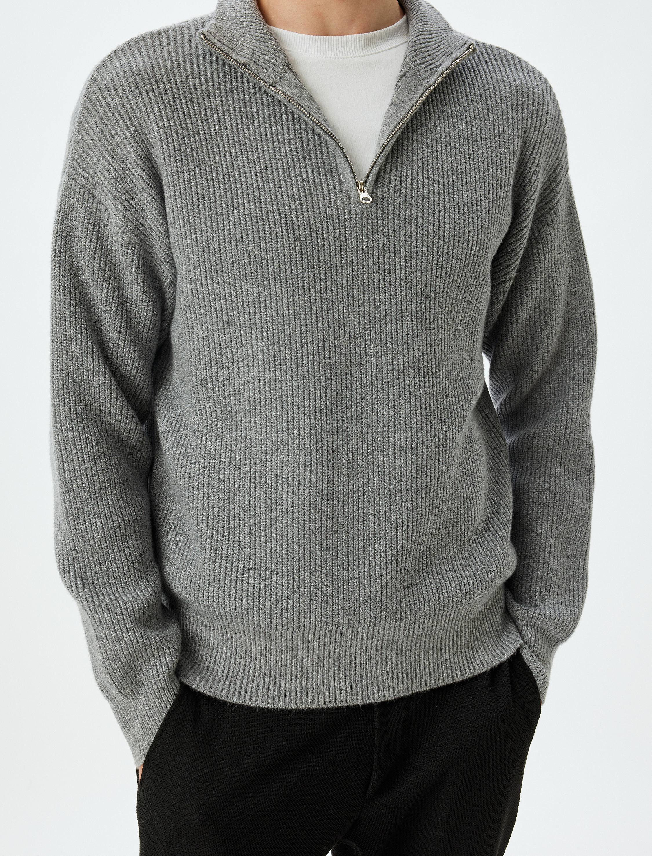   Kışlık Triko Kazak Yarım Fermuarlı Basic Dokulu Viskon Karışımlı