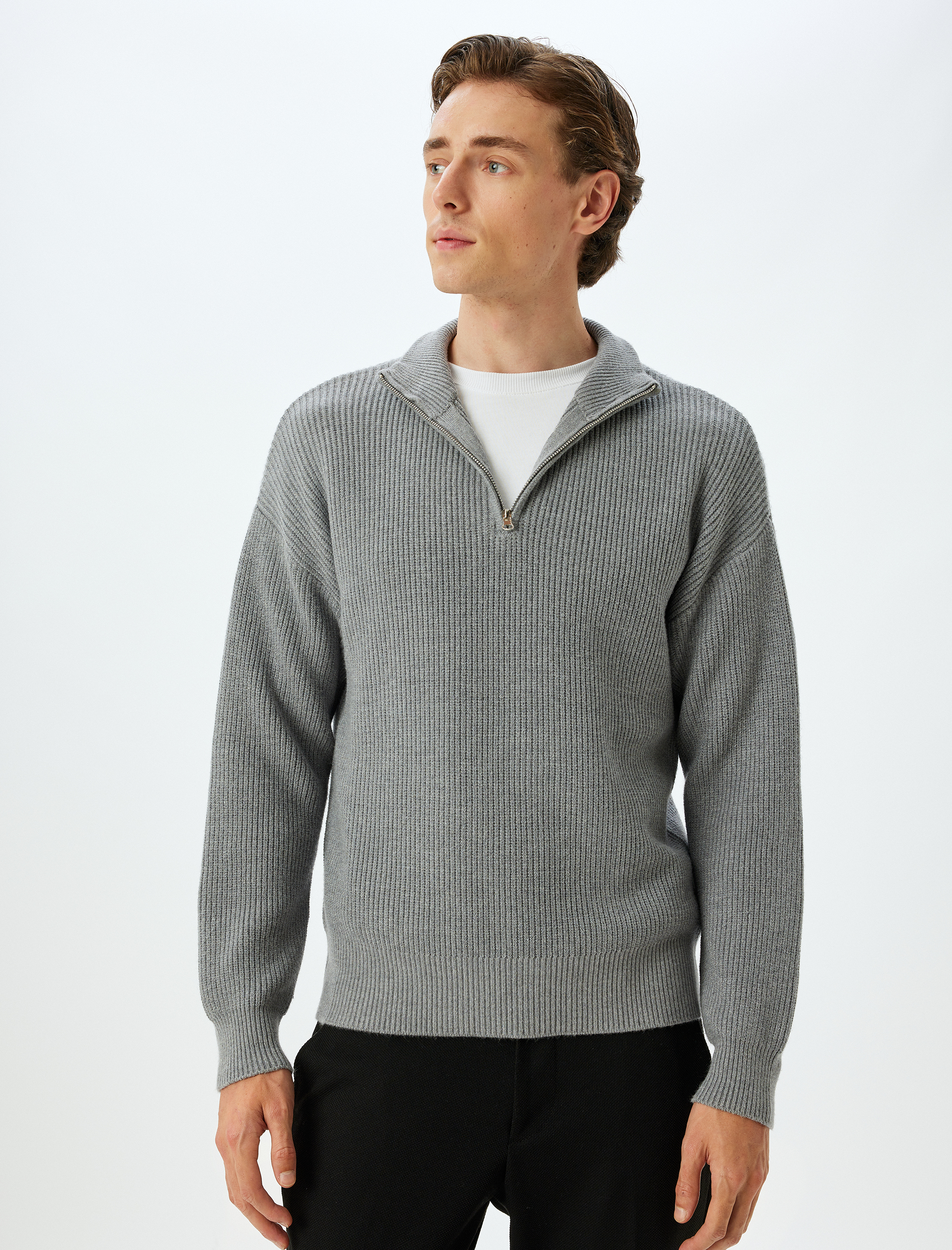   Kışlık Triko Kazak Yarım Fermuarlı Basic Dokulu Viskon Karışımlı