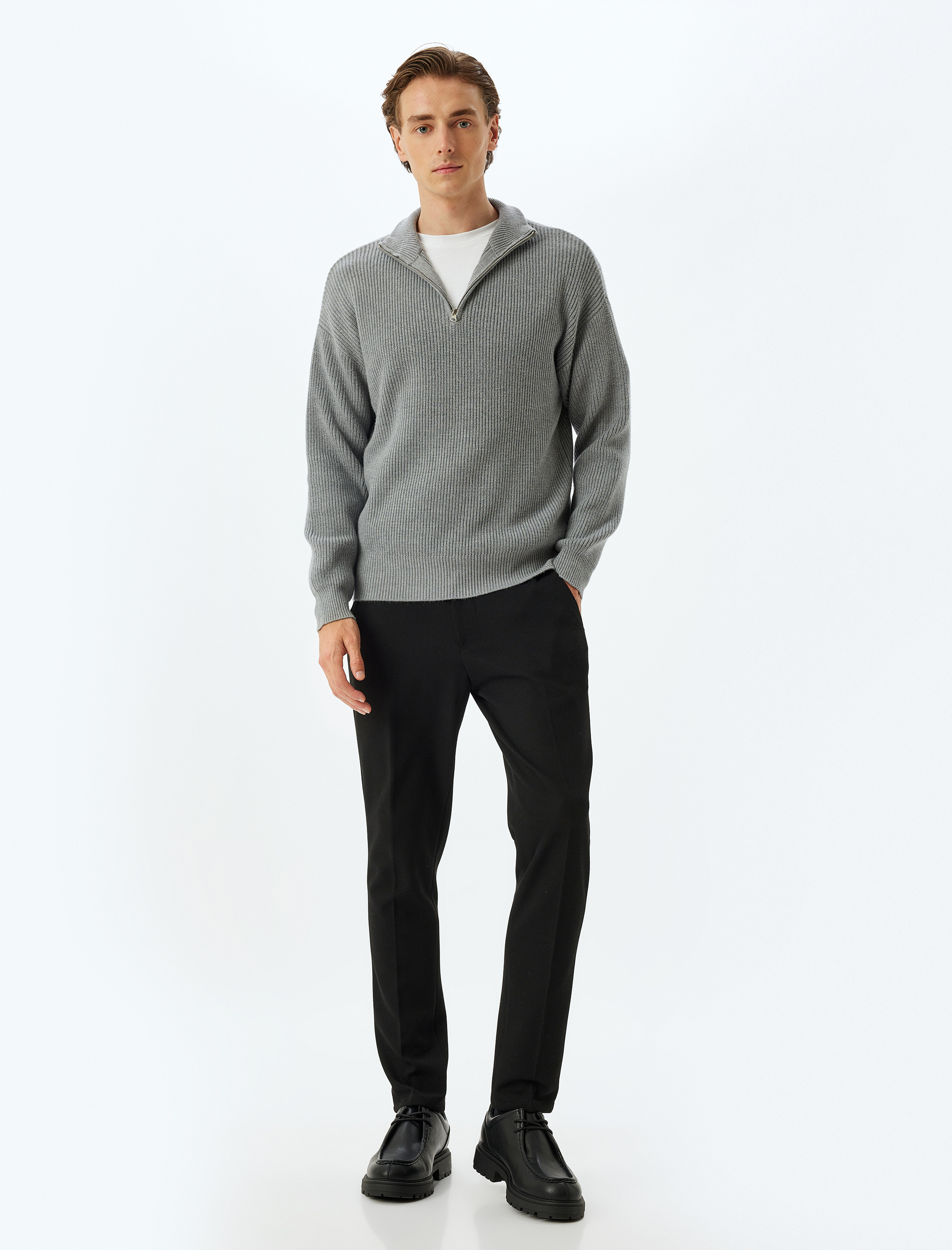   Kışlık Triko Kazak Yarım Fermuarlı Basic Dokulu Viskon Karışımlı