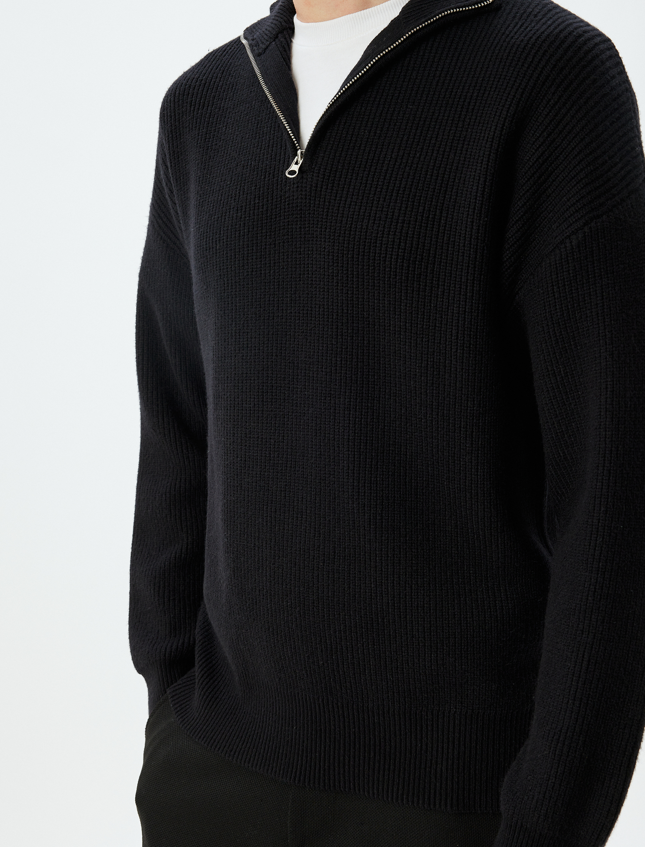   Kışlık Triko Kazak Yarım Fermuarlı Basic Dokulu Viskon Karışımlı