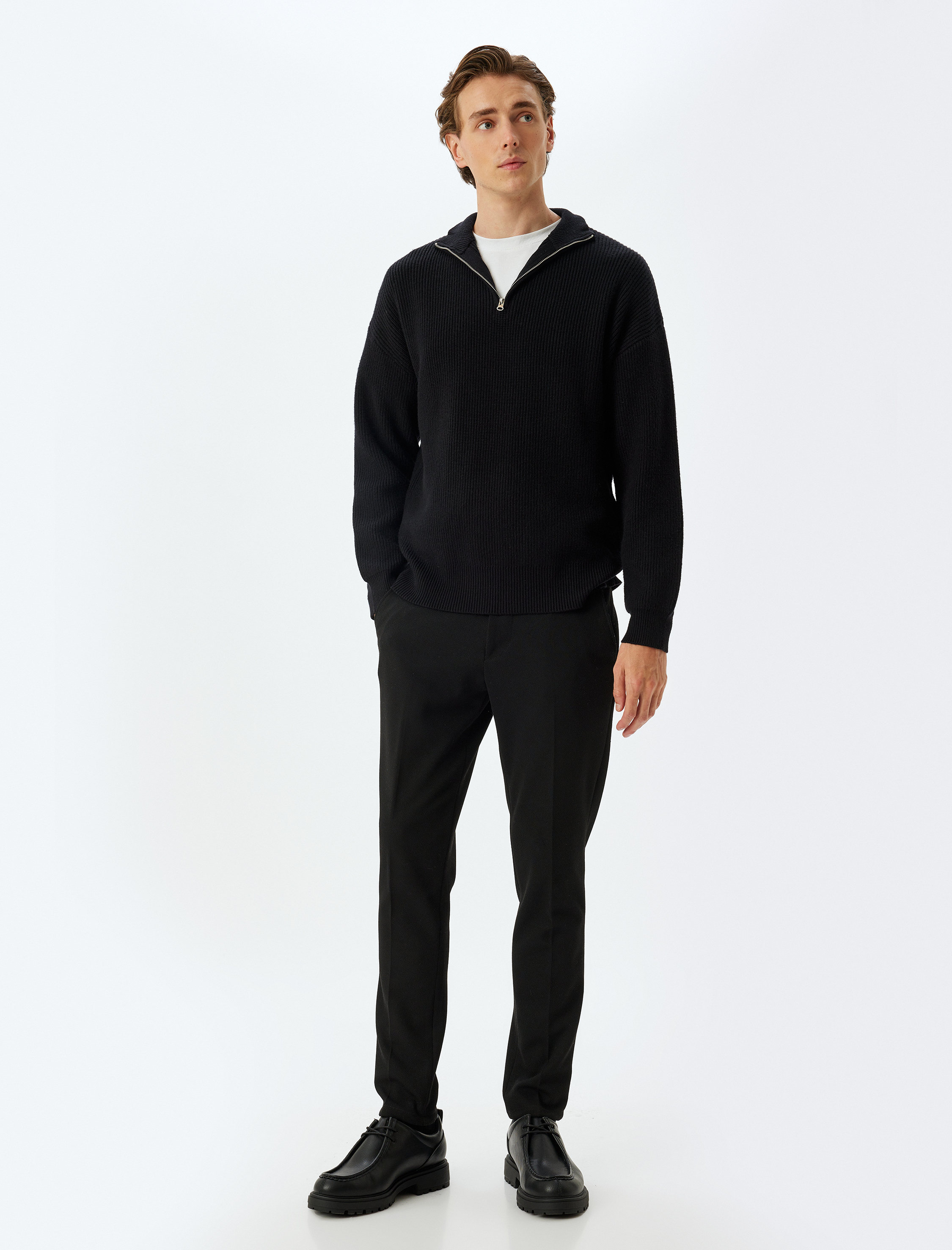   Kışlık Triko Kazak Yarım Fermuarlı Basic Dokulu Viskon Karışımlı