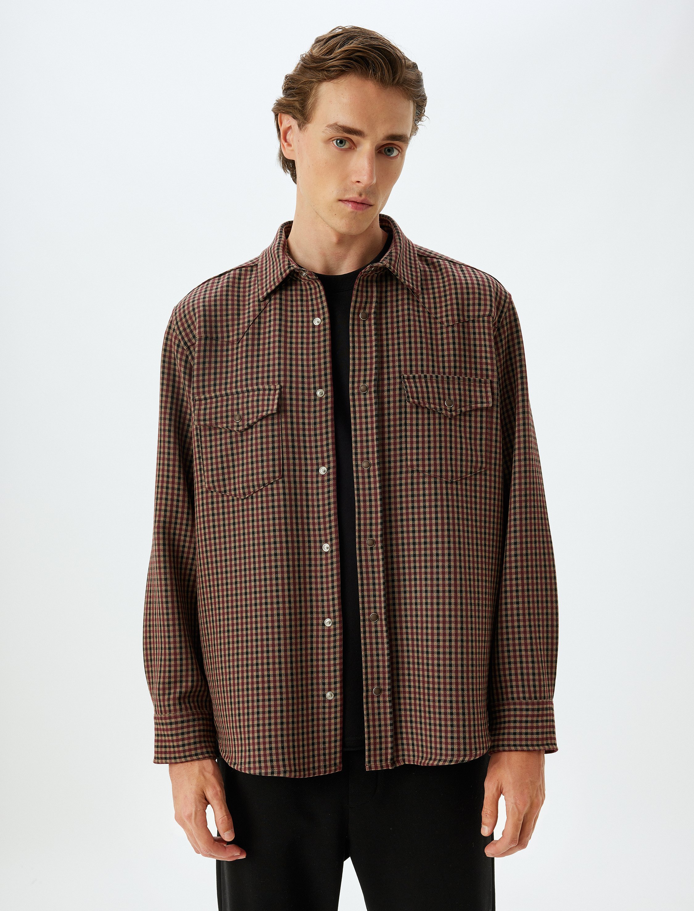   Uzun Kollu Gömlek Çıtçıt Düğme Detaylı Cepli Viskon Karışımlı Regular Fit