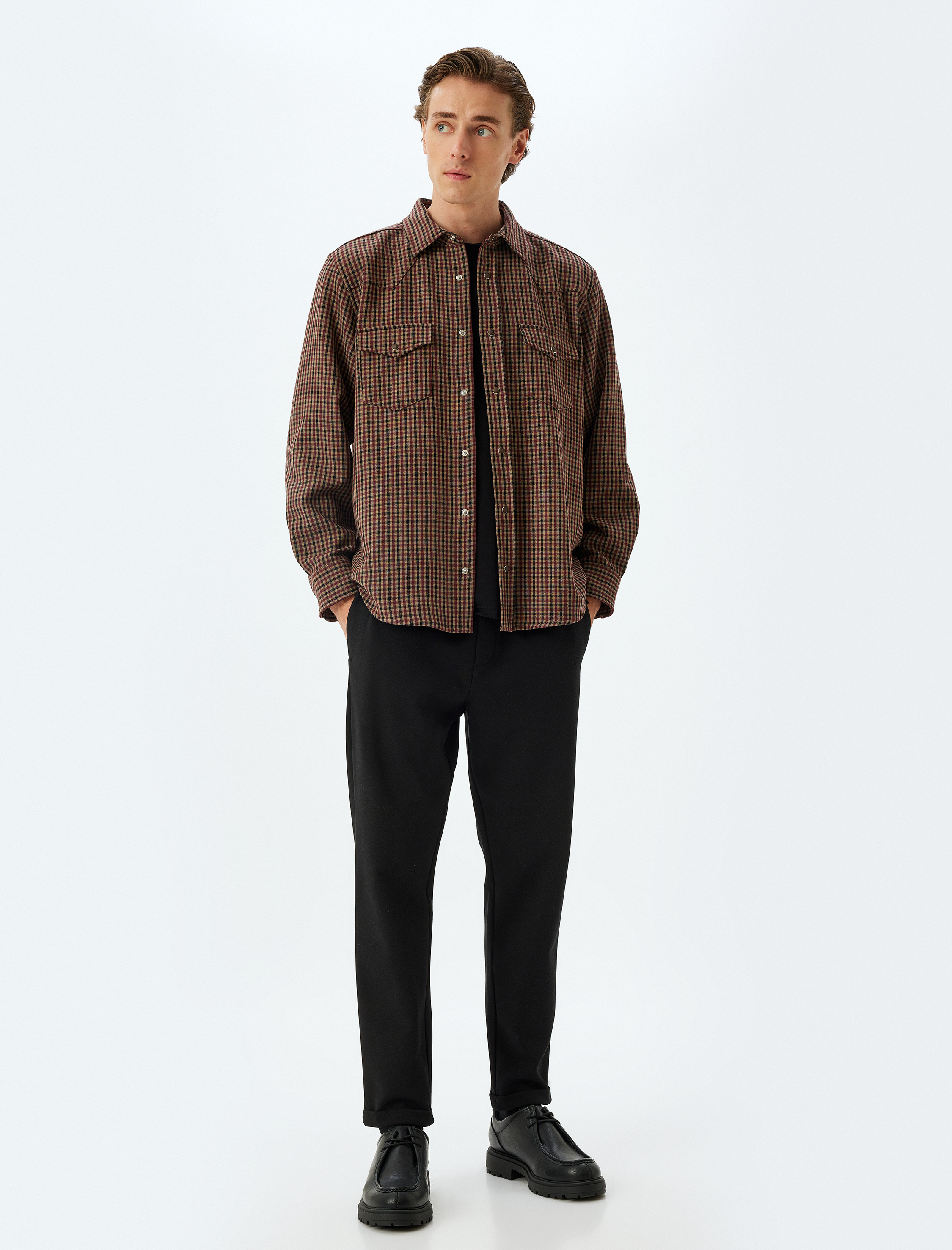   Uzun Kollu Gömlek Çıtçıt Düğme Detaylı Cepli Viskon Karışımlı Regular Fit