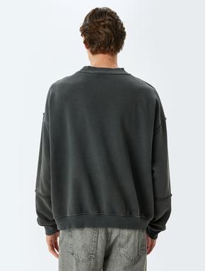 Oversize Sweatshirt Baskılı Bisiklet Yaka Yıkamalı Şardonlu Pamuk Karışımlı_3