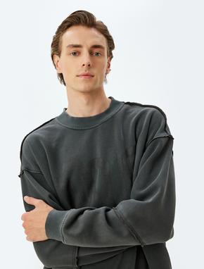 Oversize Sweatshirt Baskılı Bisiklet Yaka Yıkamalı Şardonlu Pamuk Karışımlı_1