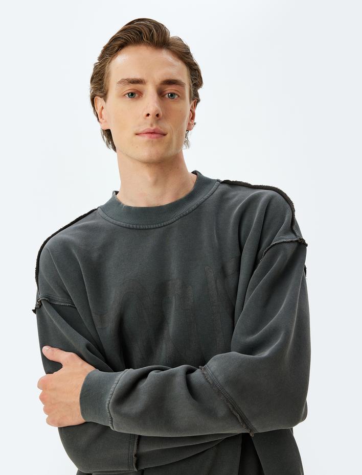  Oversize Sweatshirt Baskılı Bisiklet Yaka Yıkamalı Şardonlu Pamuk Karışımlı