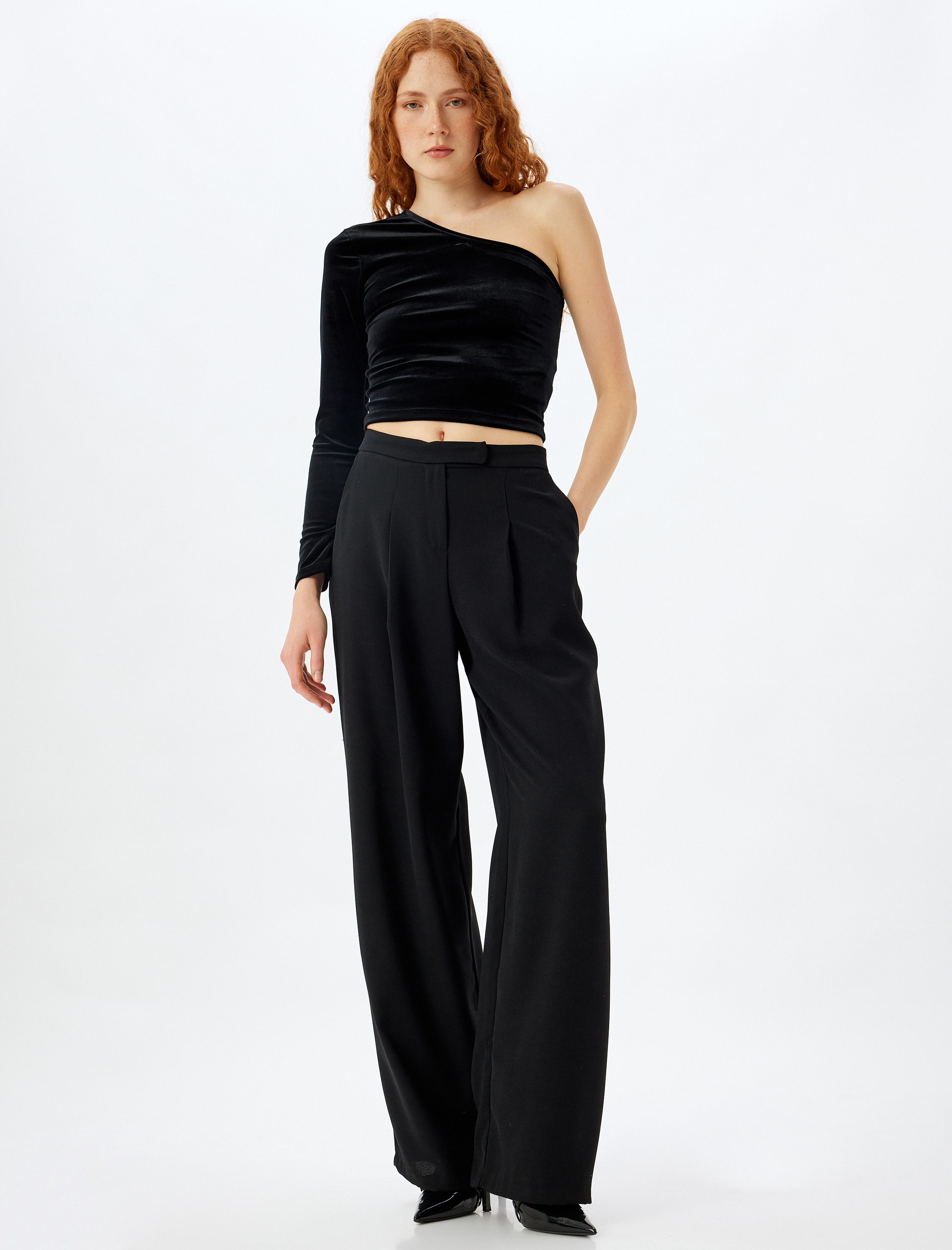 Tek Omuz Crop Kadife Tişört Uzun Kollu Slim Fit