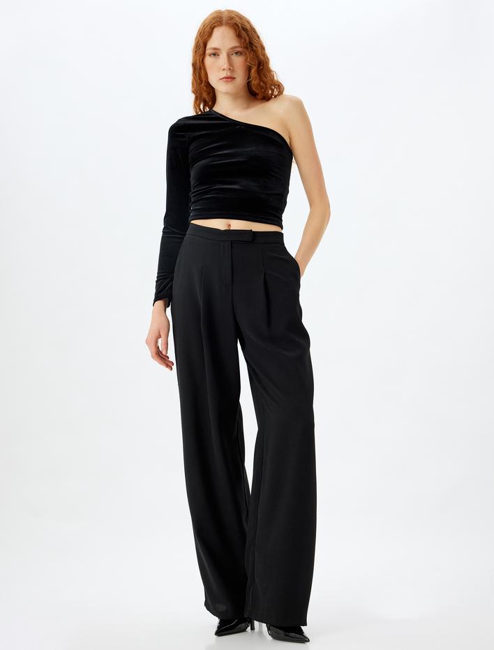  Tek Omuz Crop Kadife Tişört Uzun Kollu Slim Fit