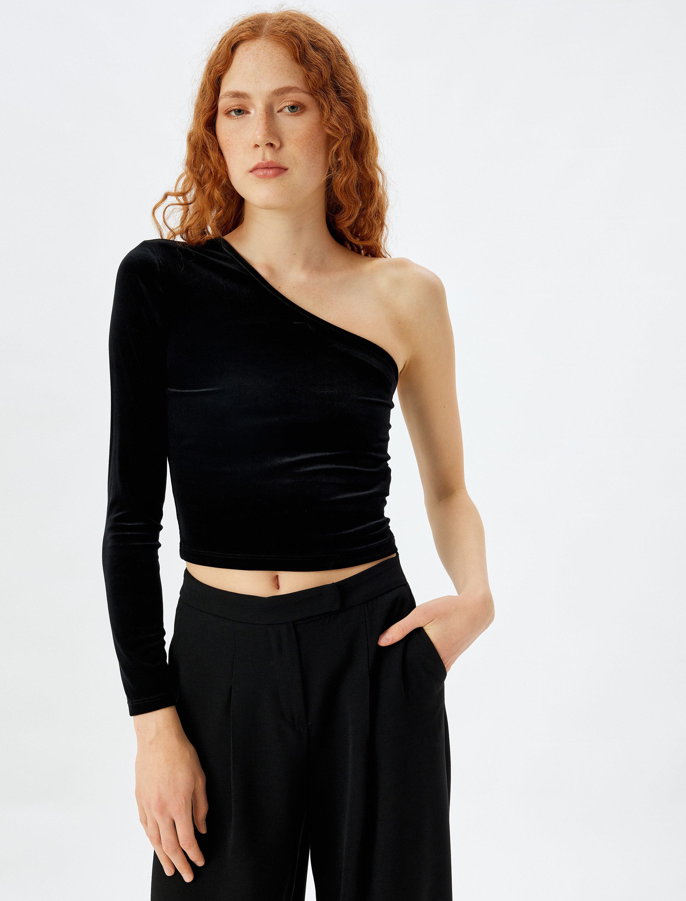 Tek Omuz Crop Kadife Tişört Uzun Kollu Slim Fit