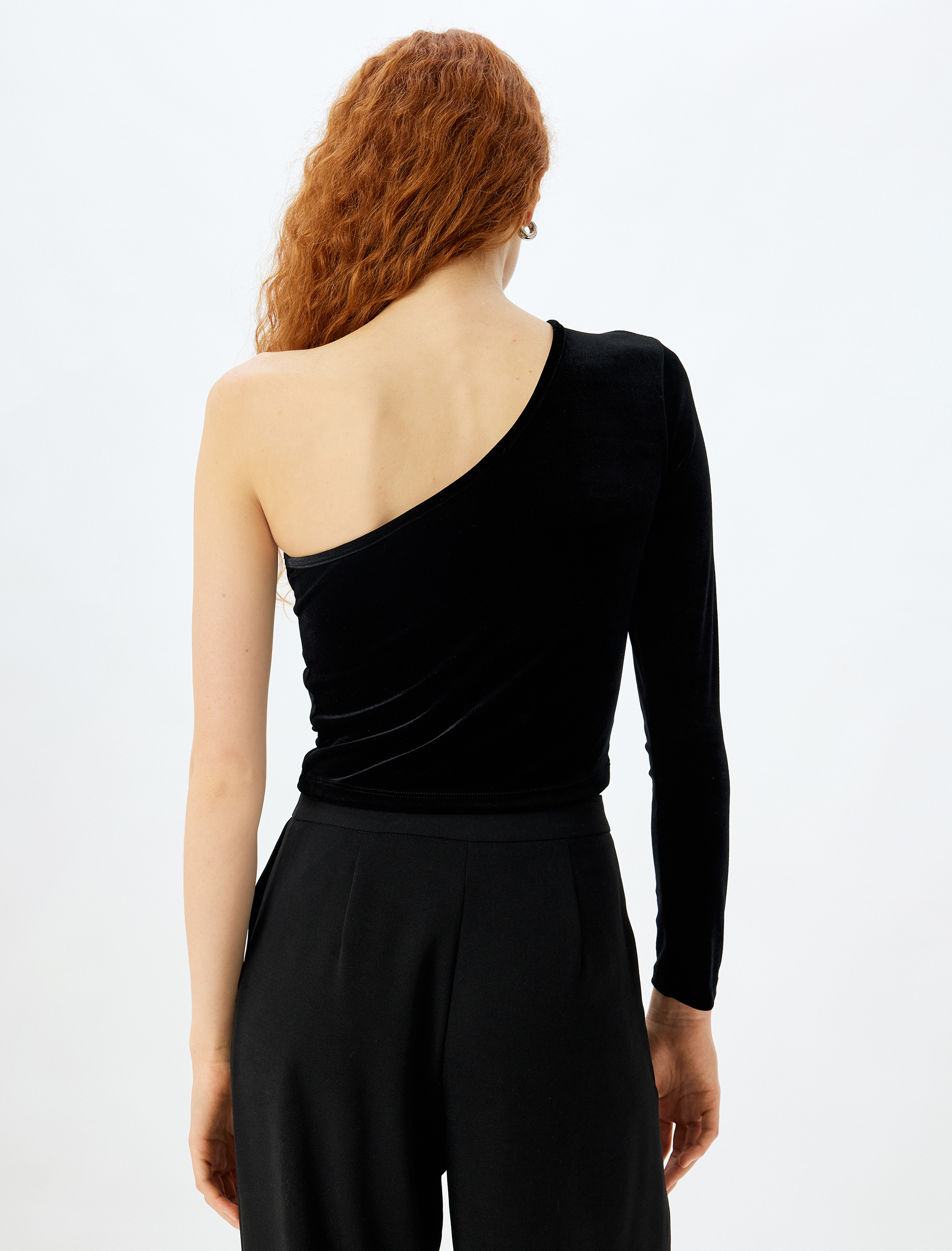 Tek Omuz Crop Kadife Tişört Uzun Kollu Slim Fit