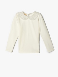 Uzun Kollu Dantel Detaylı Pamuklu Bebe Yaka Tişört