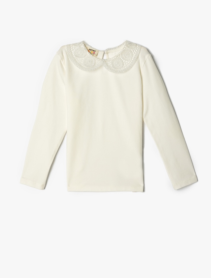 Kız Çocuk Uzun Kollu Dantel Detaylı Pamuklu Bebe Yaka Tişört